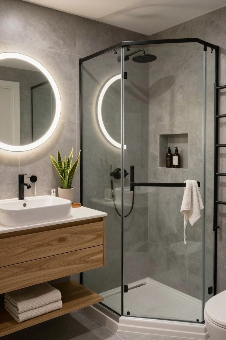 Compact modern bathroom with gray textured tile walls, round backlit mirror above white sink on oak wood vanity, corner black-framed glass shower enclosure with rainfall head and niche shelf, black towel rail with white towel, potted snake plant, and white toilet.