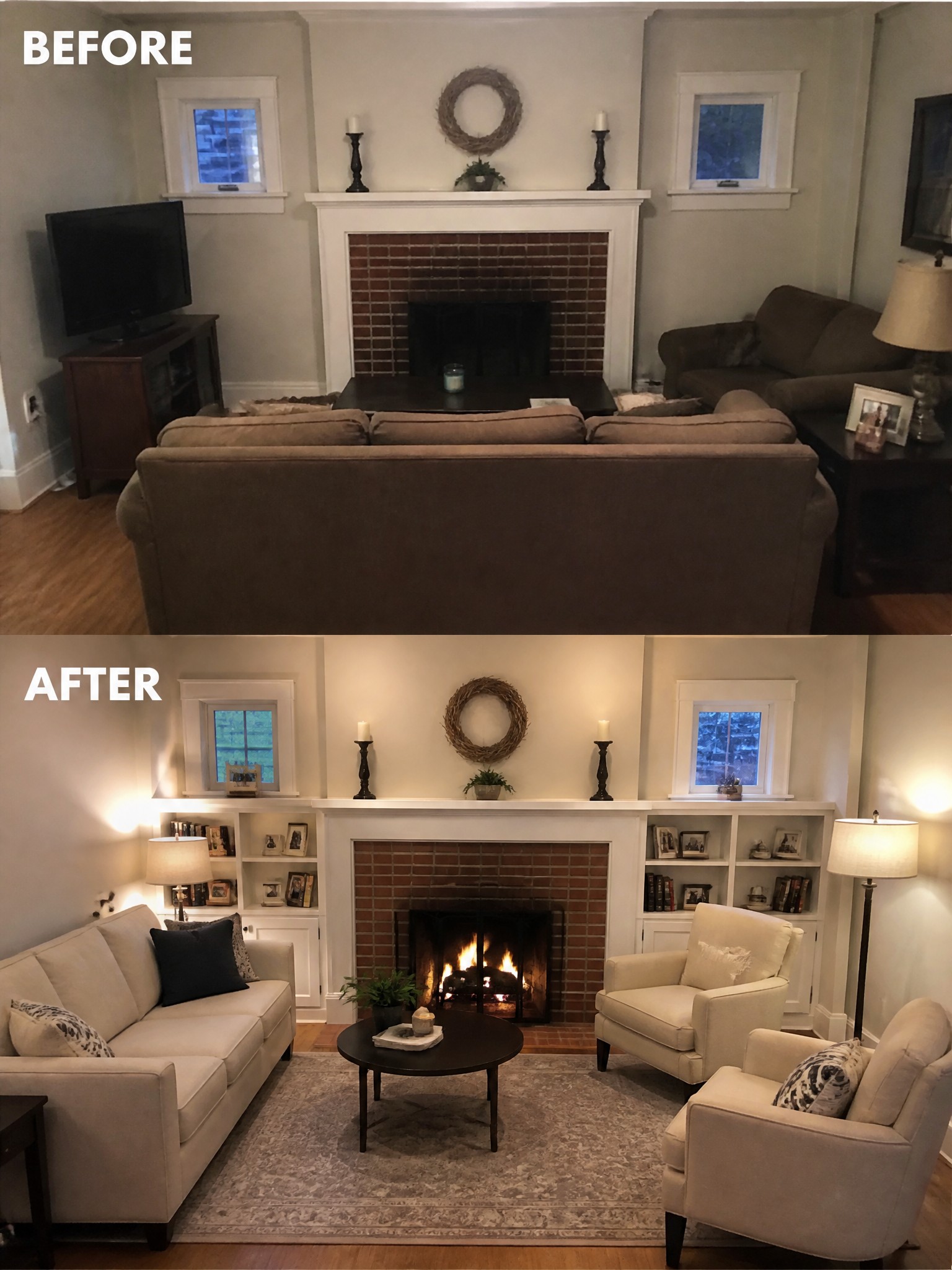 Before-and-after image of a living room with furniture rearranged to center the fireplace and open up the seating area.