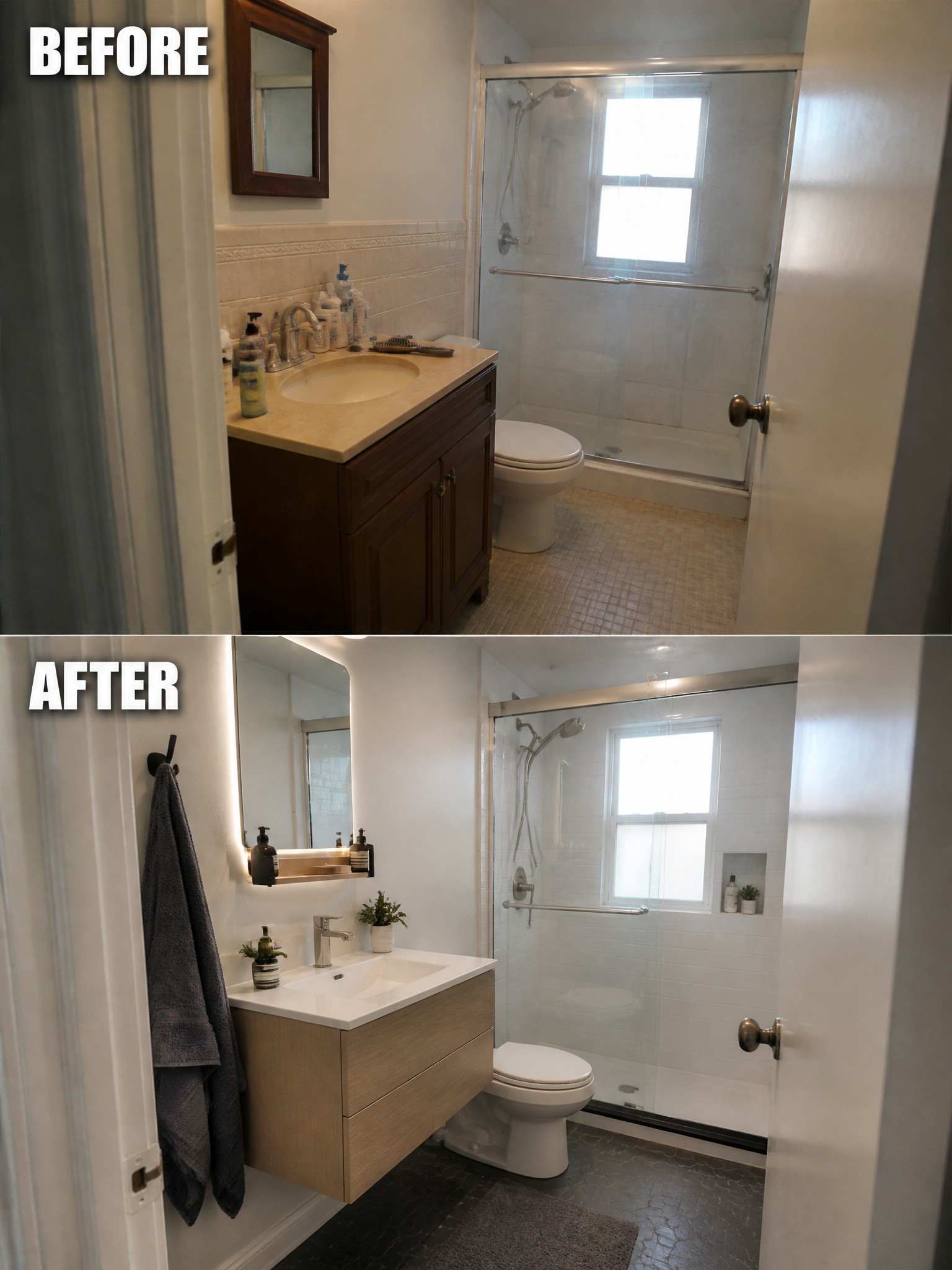 Before-and-after image of a small bathroom showing a dark wood vanity replaced with a floating light wood vanity, along with updated flooring and a cleaner shower area.