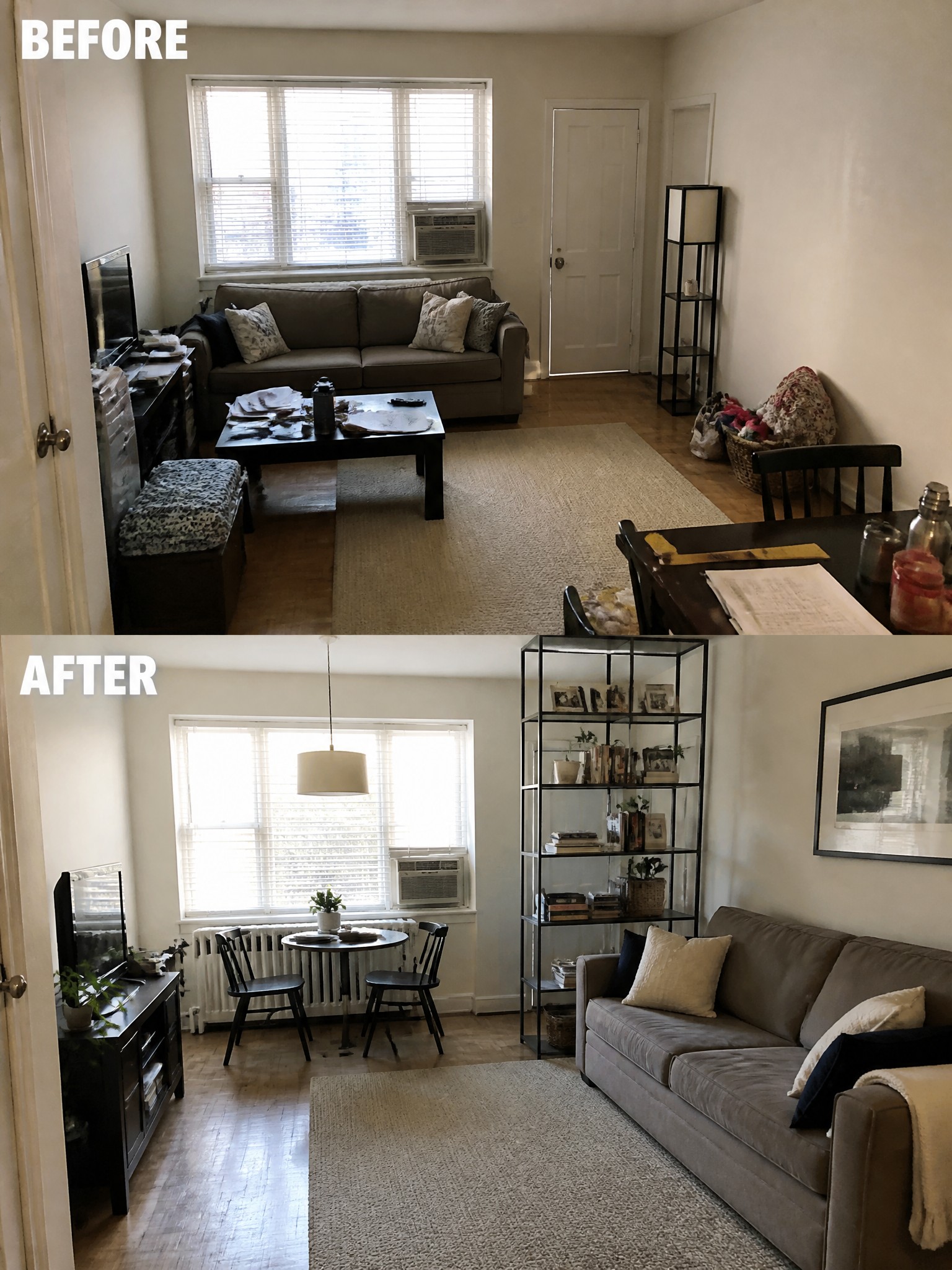Before and after shots of a renovated living space with updated furniture and decor.