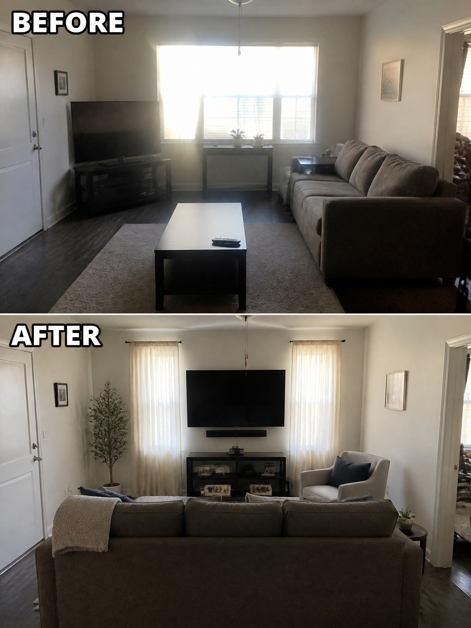Living room transformation: before with minimal decor, after with new TV, seating, and plants.