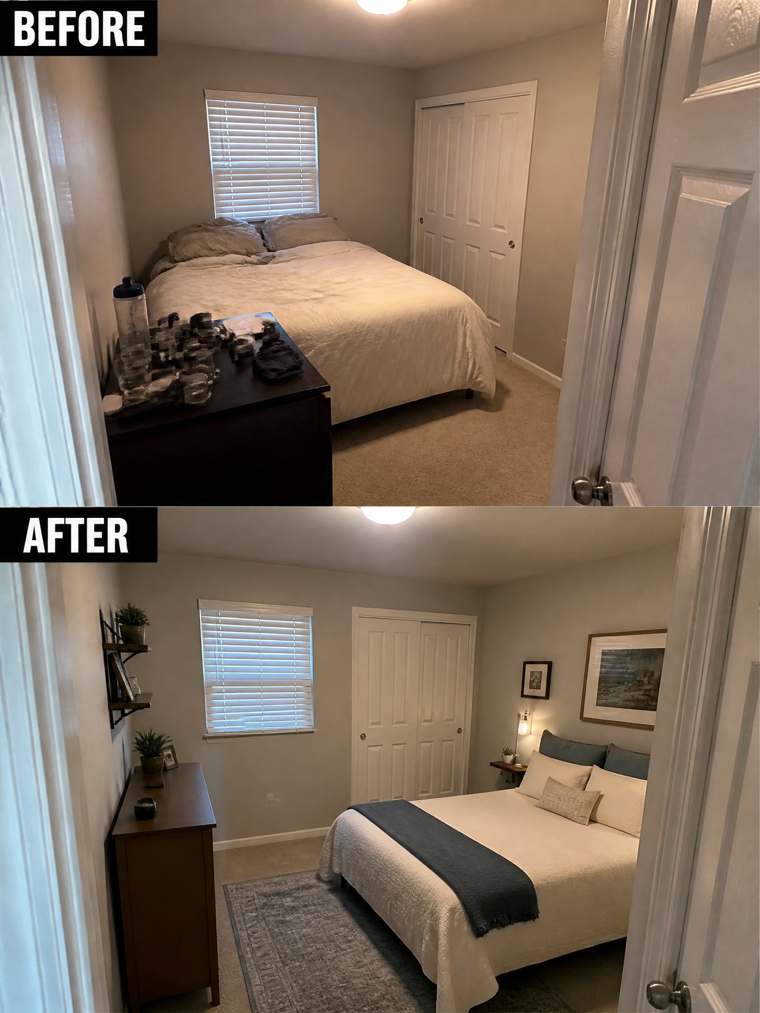 Before-and-after image of a small bedroom showing furniture repositioned, clutter cleared, and a rug added.