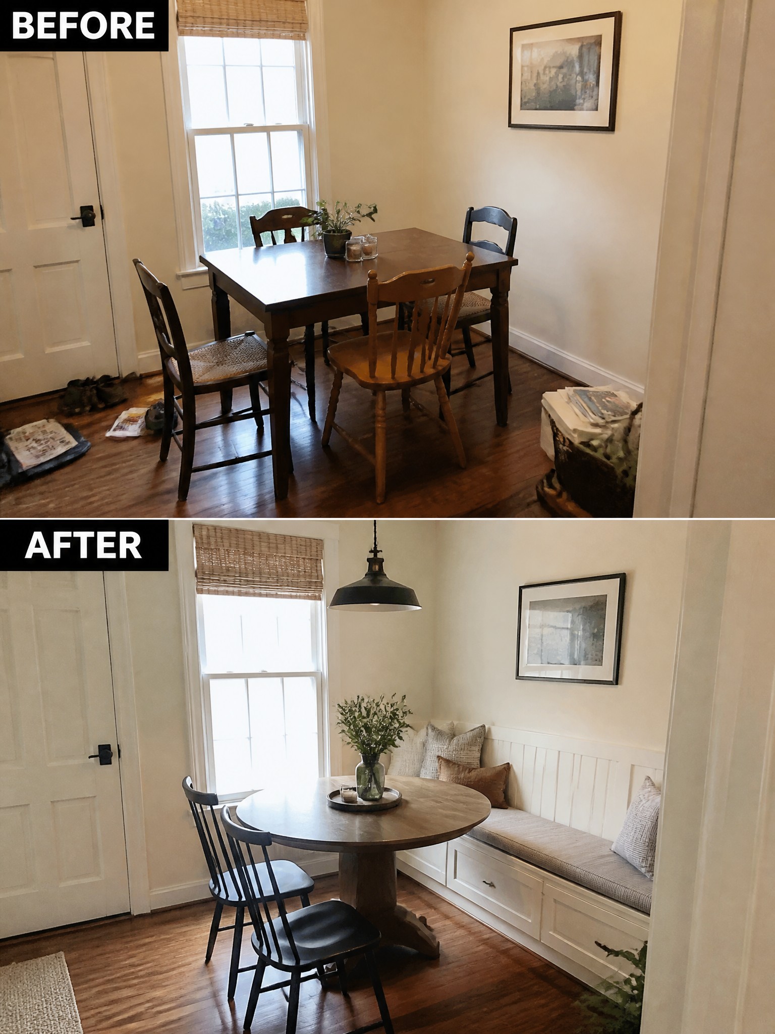 Before and after renovation of a dining area with different tables and seating.