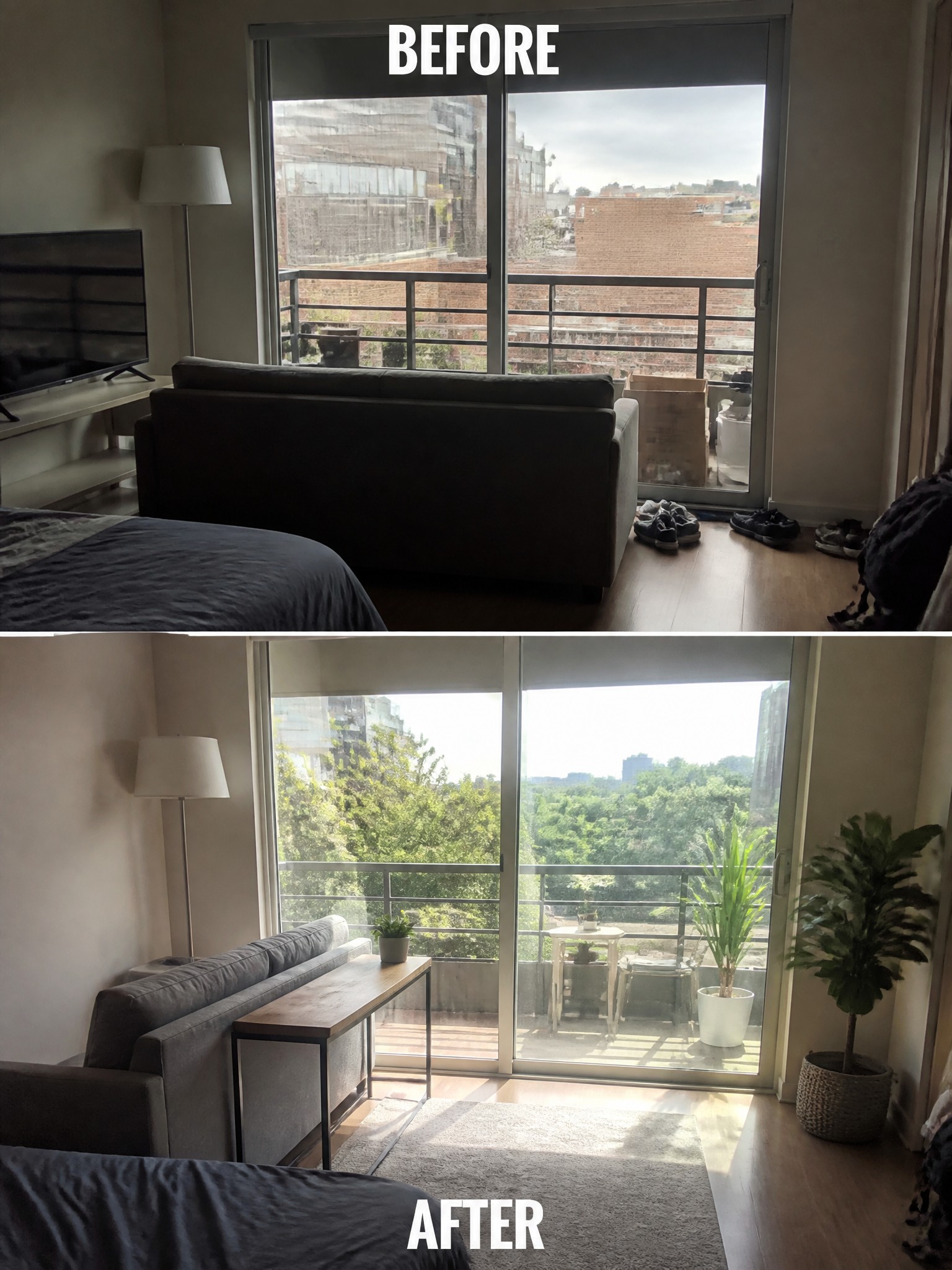 Living room transformation: gray sofa, wooden table, decor changes, sunny balcony view.