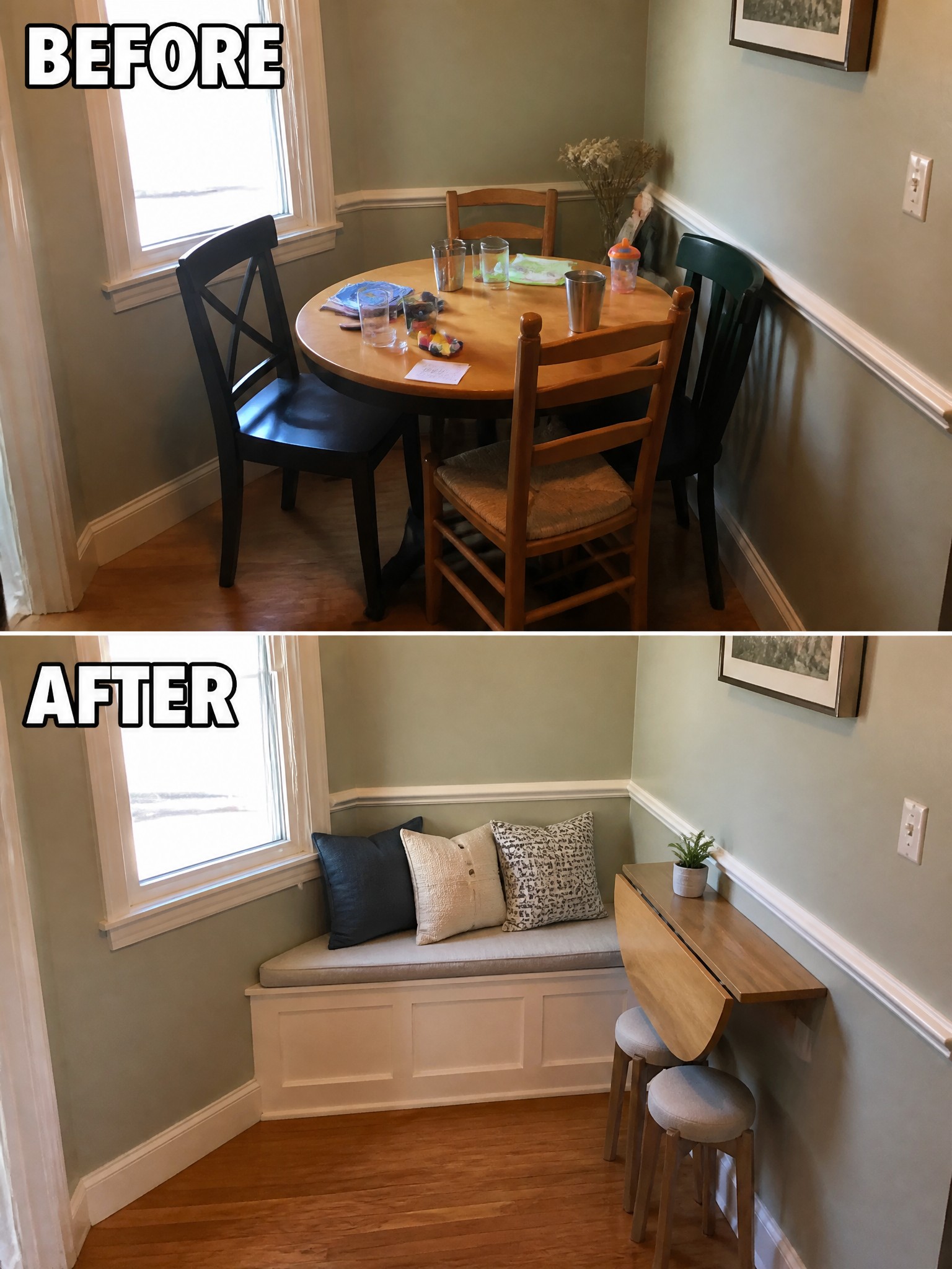 Before-and-after image of a small dining corner changed from a round table with several chairs to a built-in bench with cushions and a wall-mounted drop-leaf table with two stools.