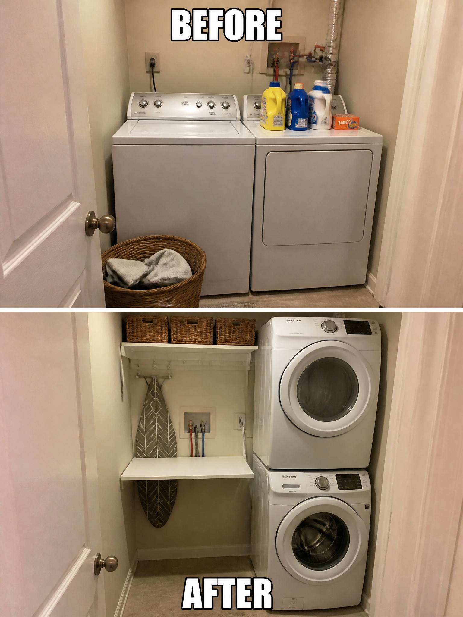 Before-and-after image of a laundry room showing side-by-side washer and dryer changed to a stacked setup with added wall shelves and hooks.