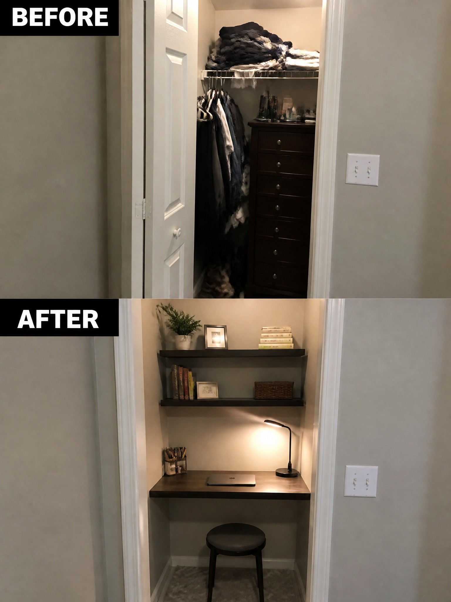 Before-and-after image of a cluttered closet turned into a small desk nook with shelves, a desk, a stool, and organized items.