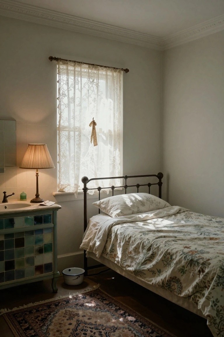 Small bedroom with black iron bed frame and white floral bedding, blue-tiled vanity sink nearby, lace curtains on window, table lamp, and soft sunlight filtering in.