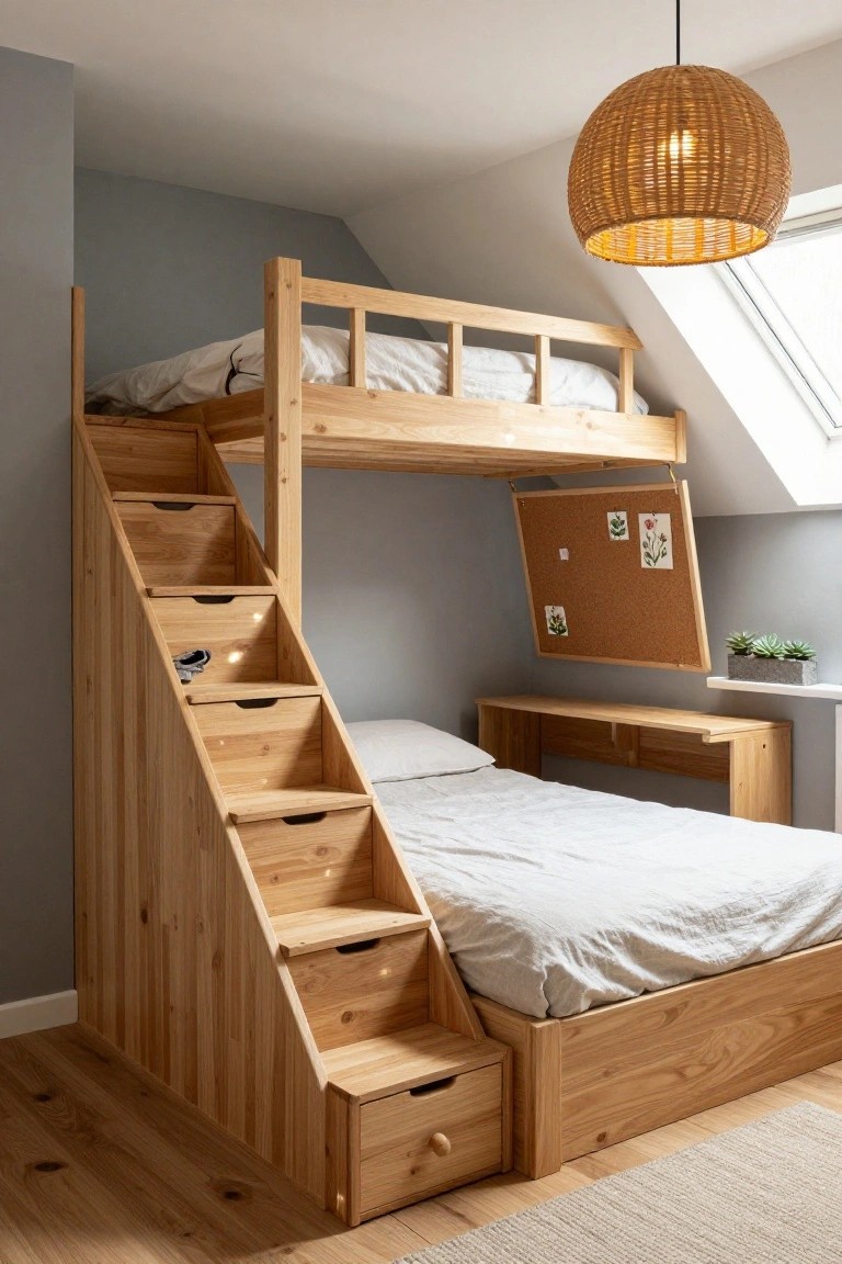 Wooden bunk bed with staircase drawers leading to an upper mattress, lower bed with desk below, corkboard on wall, in a small attic bedroom with gray walls and sloped ceiling.