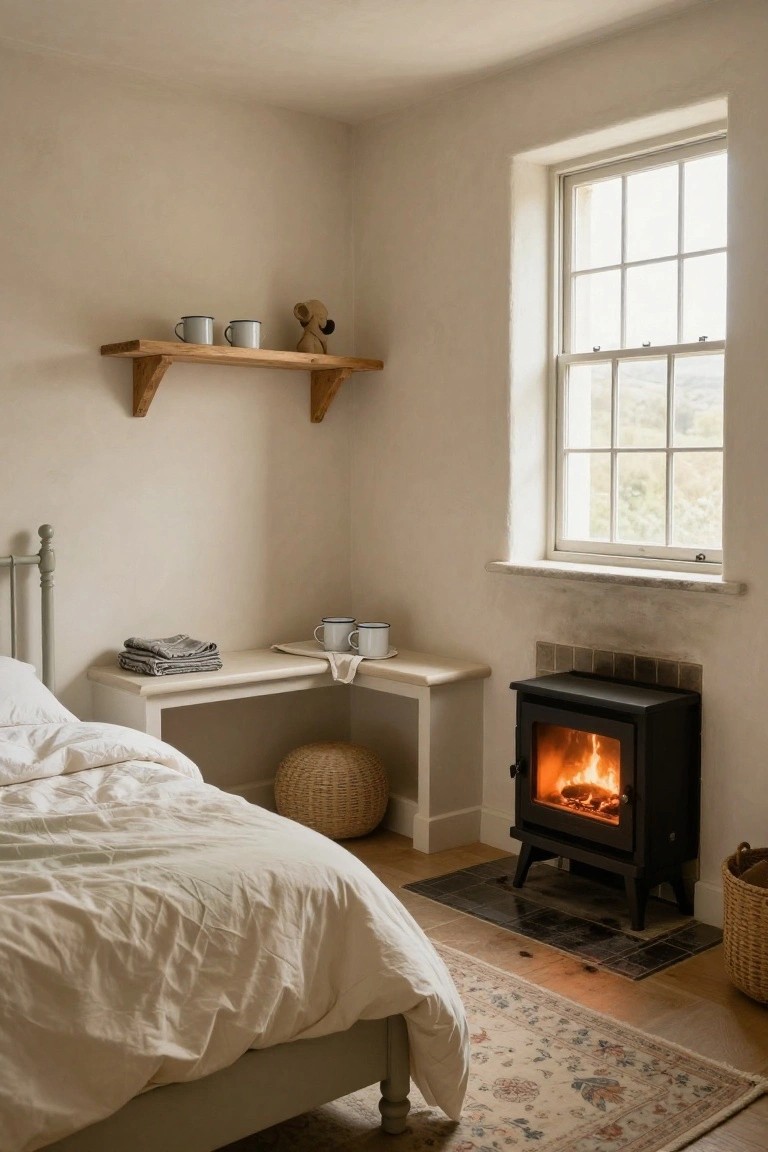 Small bedroom with white bedding on a wooden bed frame, lit black wood-burning stove in corner, corner bench with folded linens and mugs, wooden wall shelf holding enamel mugs and teddy bear, large window overlooking green hills.