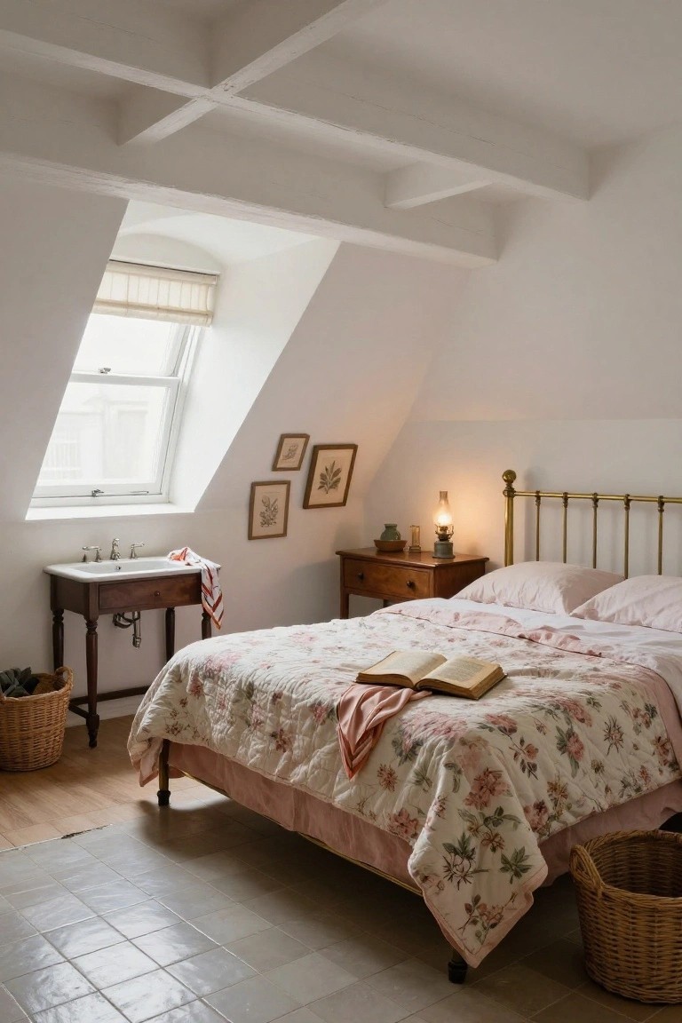 Small attic bedroom with white sloped ceilings and exposed beams, brass bed frame with pink floral quilt and pillows, wooden vanity sink, oil lamp on nightstand, framed botanical prints on walls, wicker baskets, and gray tiled floor.