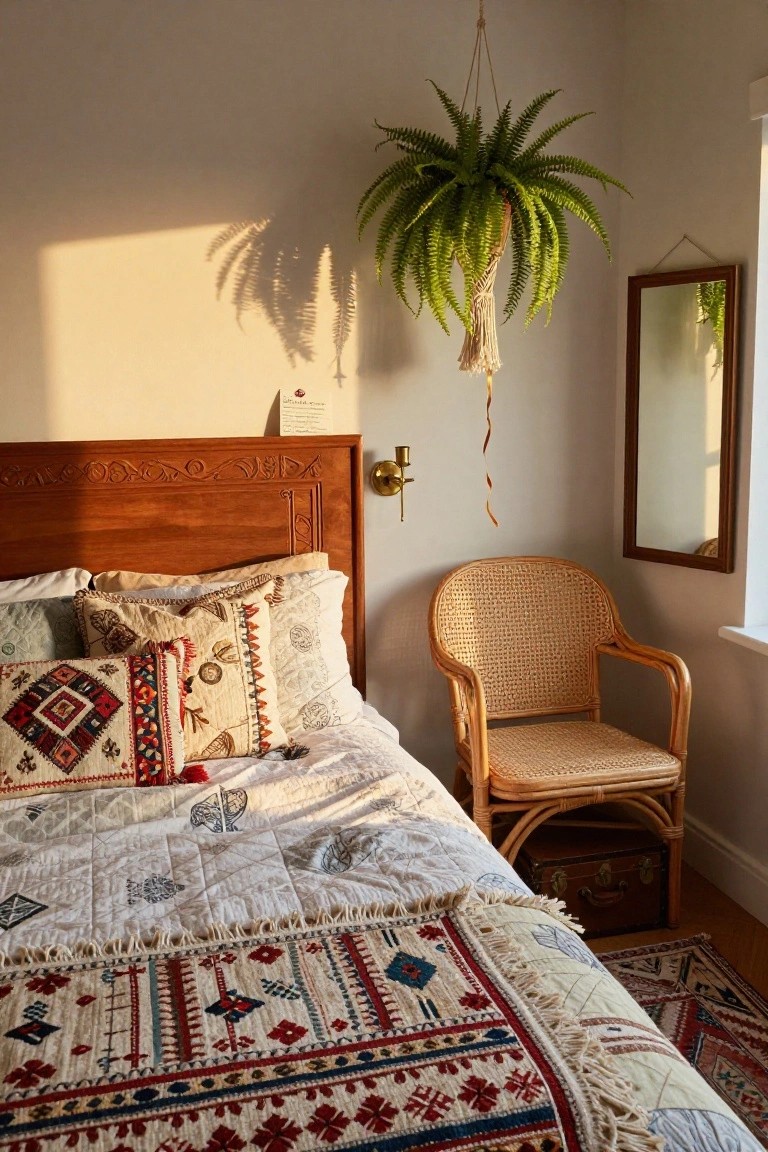 Cozy bedroom corner with carved wooden headboard, bed layered with white quilted spread, patterned pillows, and red throw, rattan armchair, macrame-hung fern plant, brass sconce, wall mirror, and woven rug on hardwood floor.