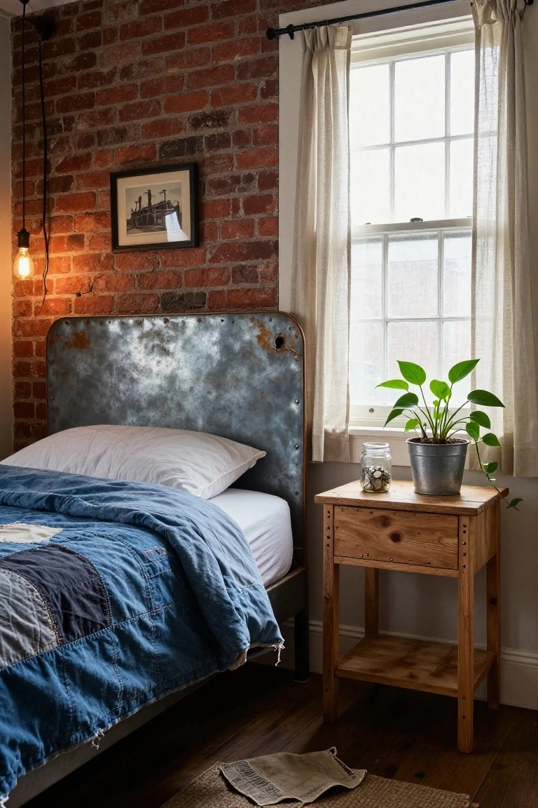 Small cozy bedroom with exposed brick walls, rusted sheet metal headboard, bed with white pillows and blue patchwork quilt, wooden nightstand holding potted plant in metal pot and glass jar of coins, sheer curtains on window, and hanging bulb light.