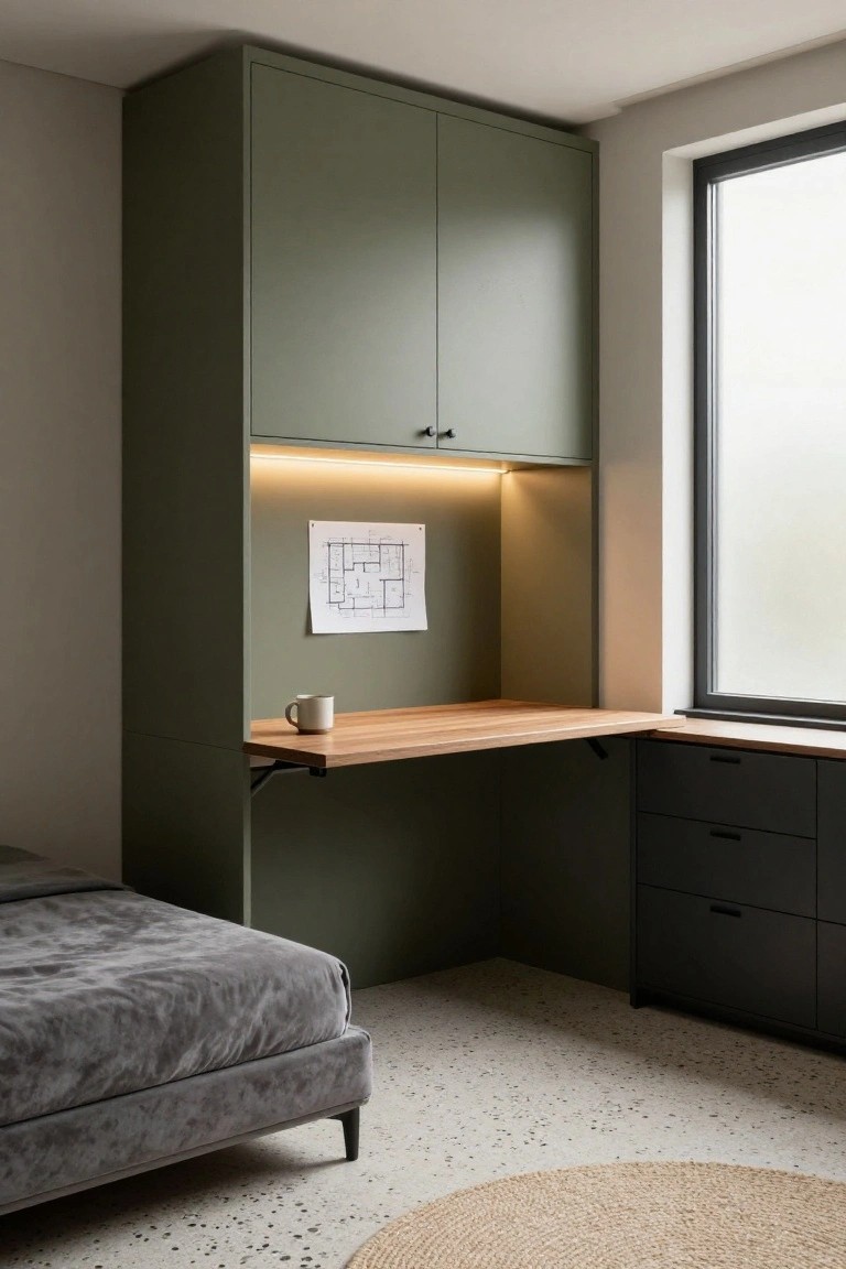 Small bedroom corner with tall olive green built-in cabinets, fold-down wooden desk, under-cabinet lighting, pinned blueprint, gray upholstered bed, and frosted window.