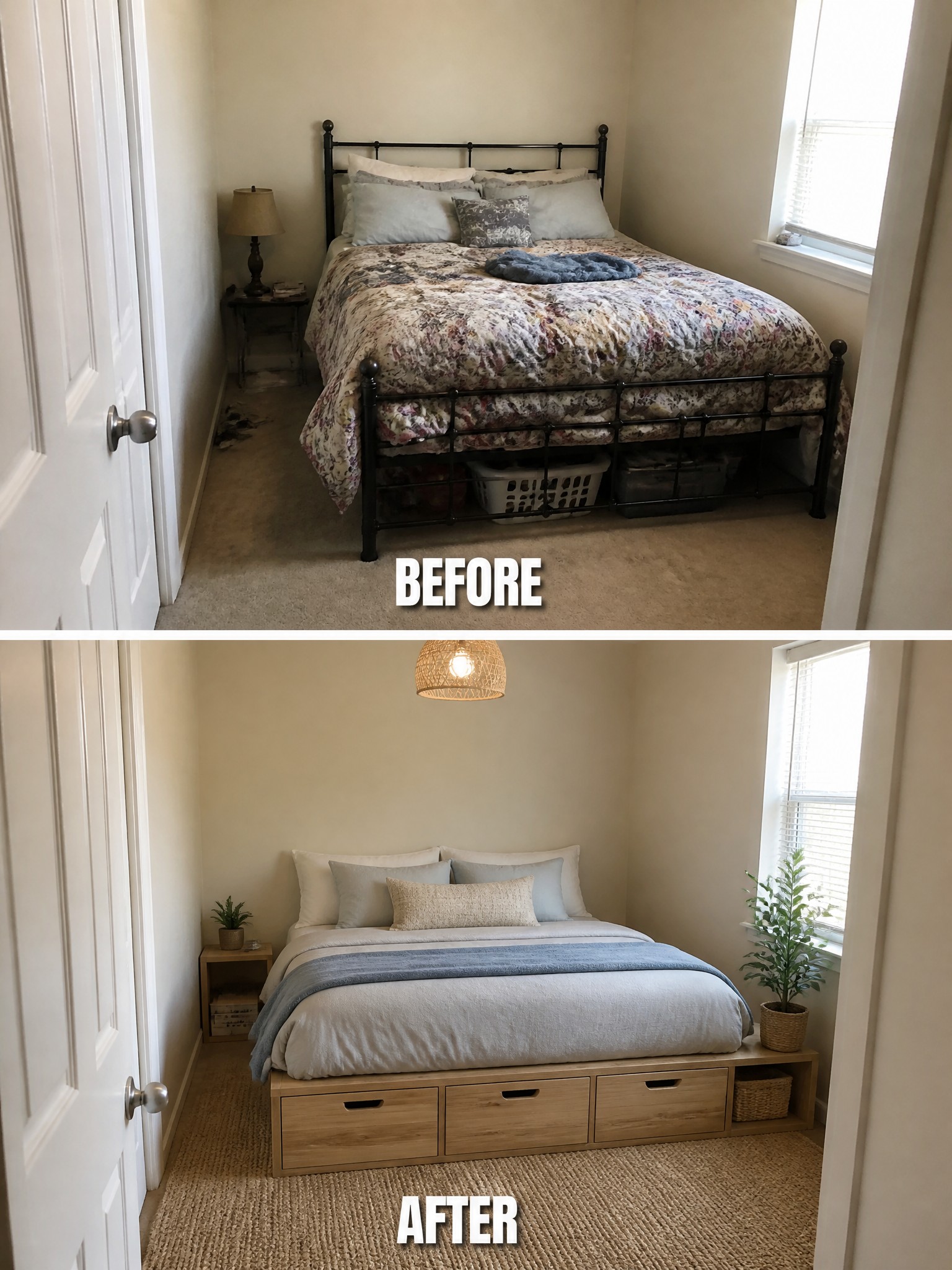 Before-and-after image of a small bedroom changed from a metal bed with visible under-bed bins to a low wooden storage platform bed with neutral bedding and a rug.