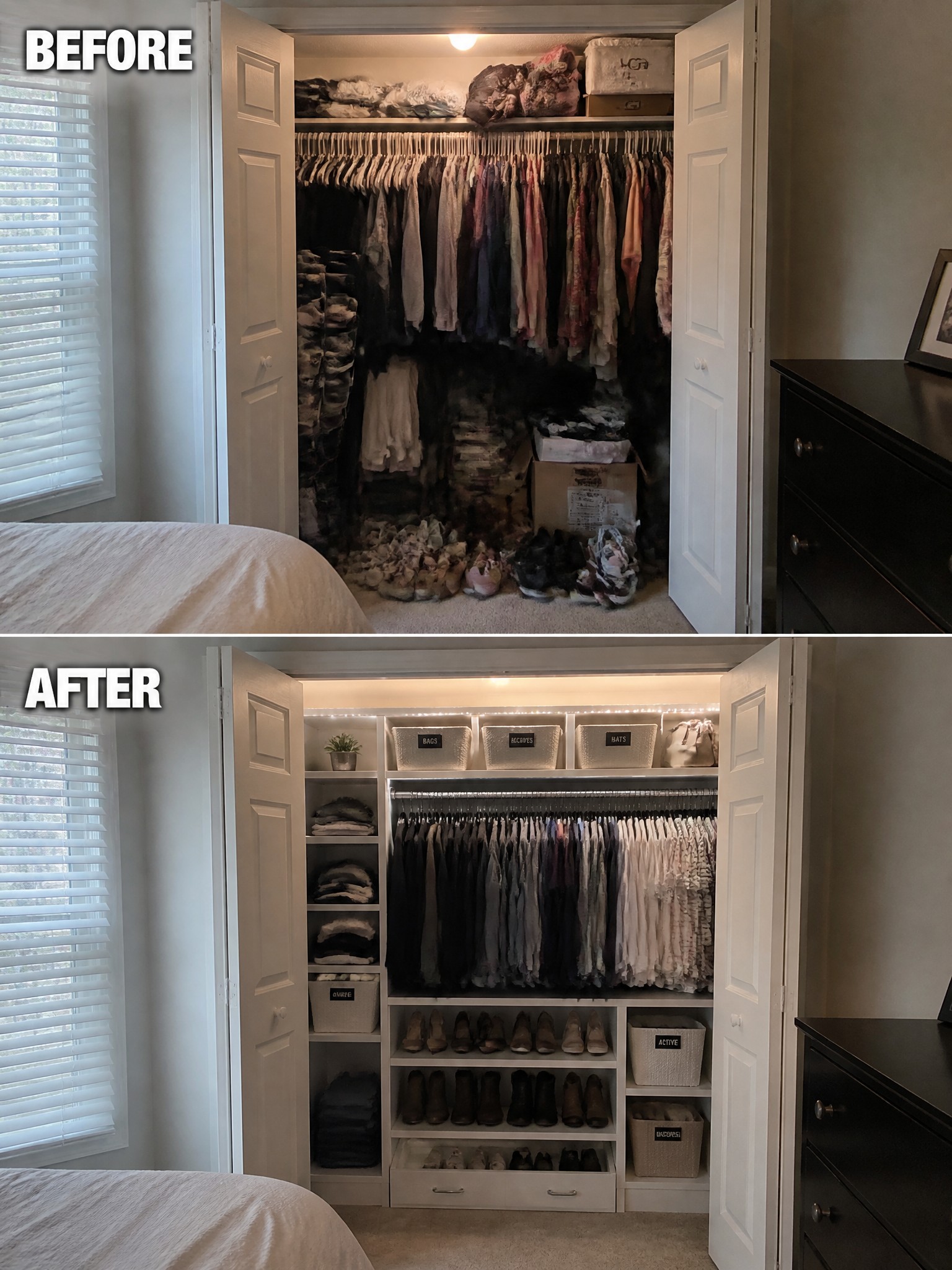 A transformed closet with organized clothing, labeled bins, and neatly arranged shoes.