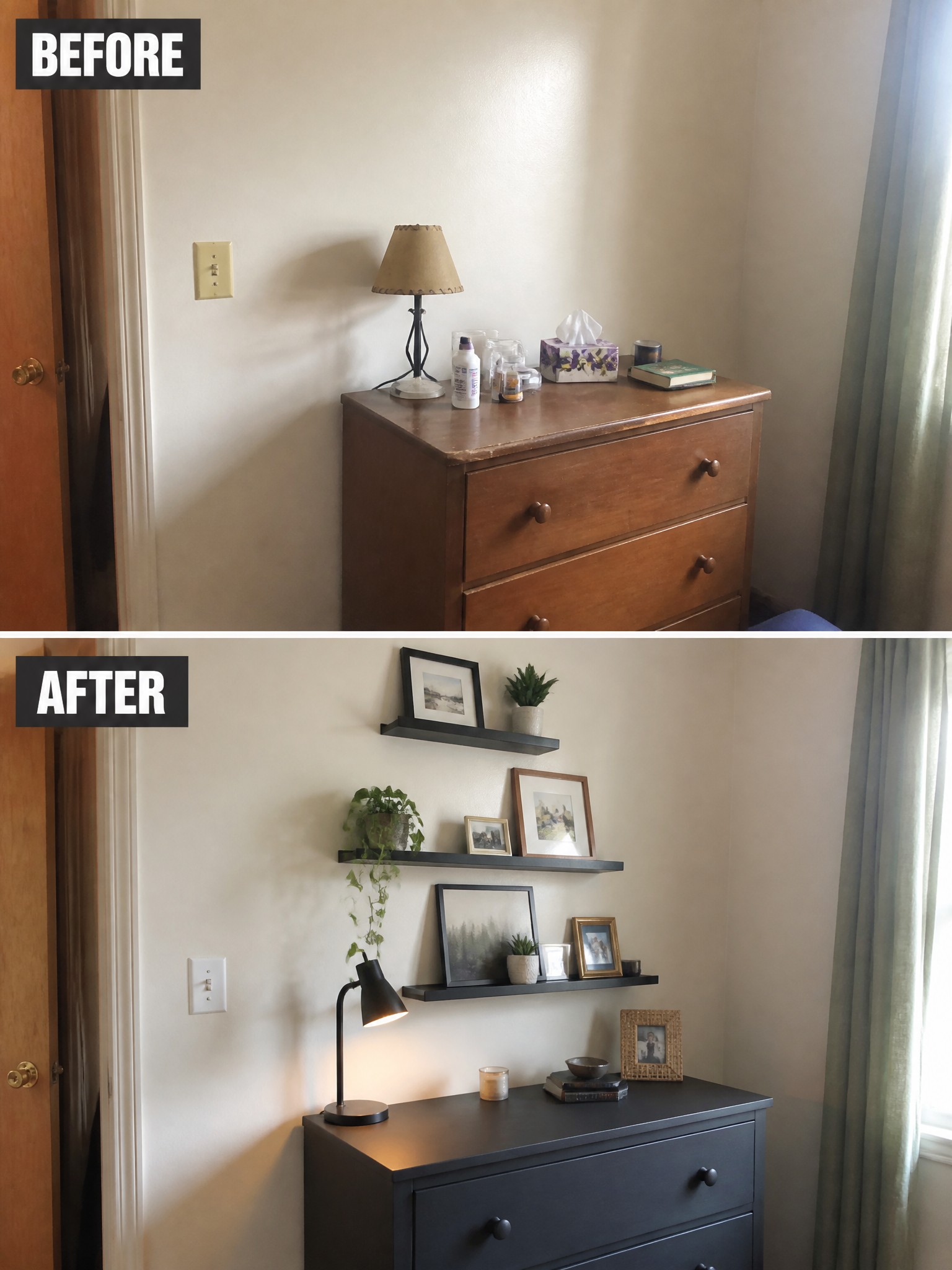 Before: wooden dresser with lamp and personal items. After: black dresser with wall shelves, plants, and framed photos.