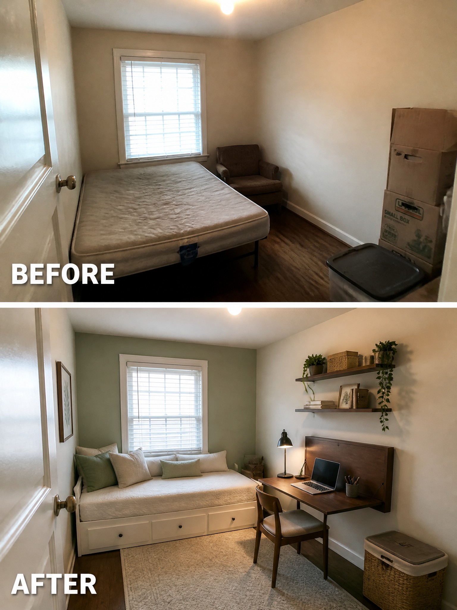 Before-and-after image of a small bedroom changed from a bare mattress and stacked boxes into a functional space with a storage daybed, wall desk, shelves, and a rug.