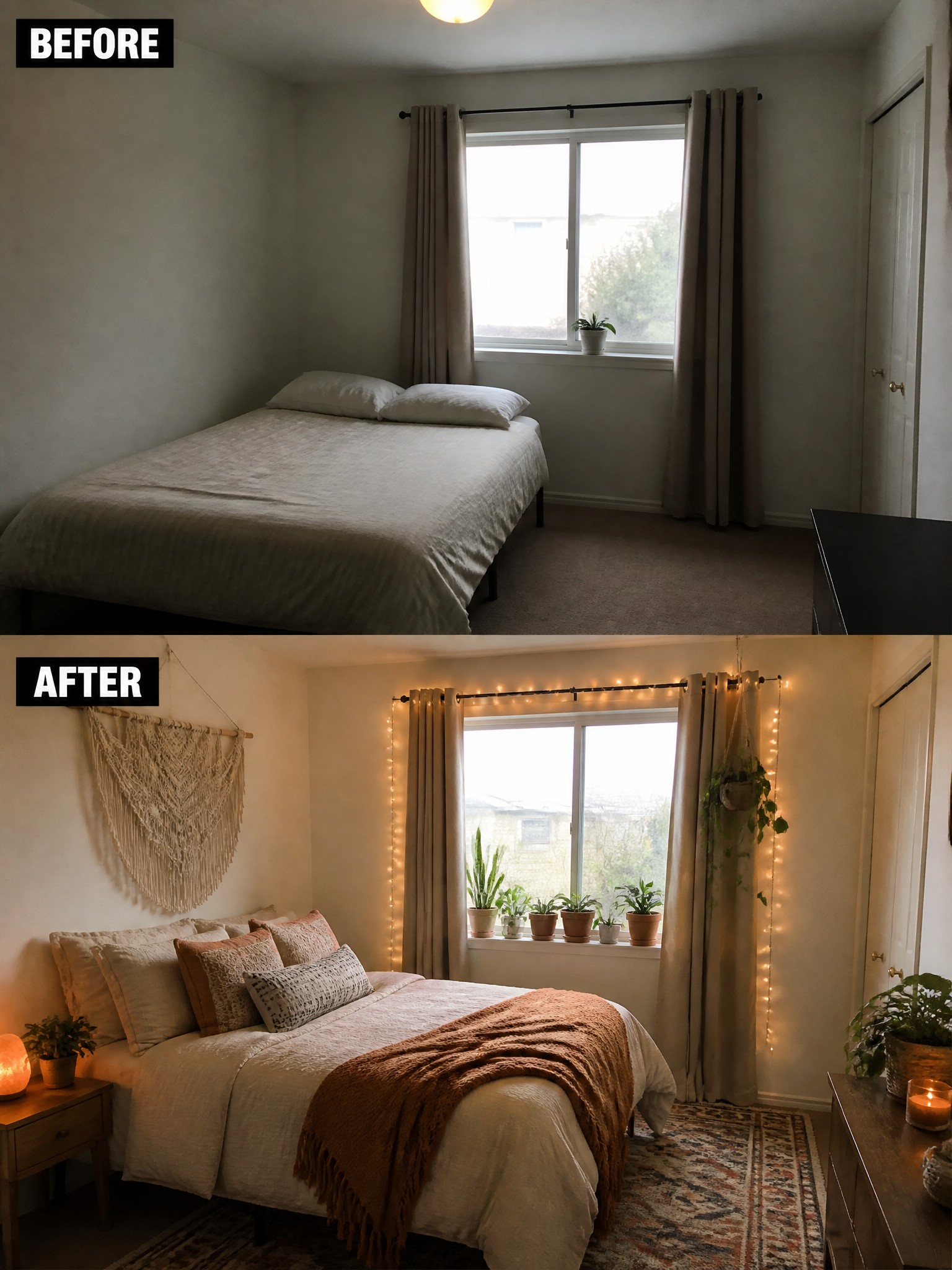 Before and after of a transformed bedroom, cozy decor with plants and warm lighting.