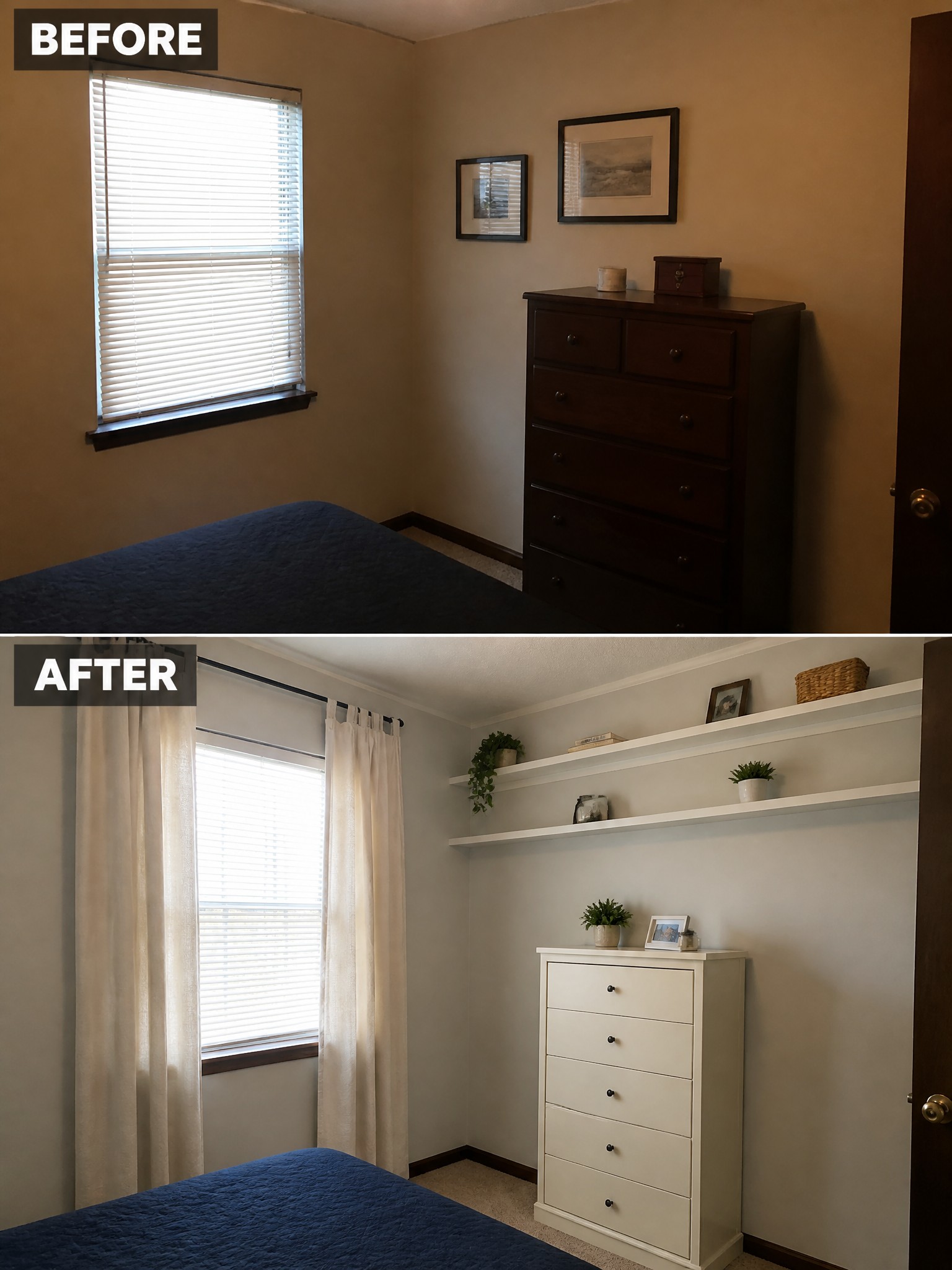 Transformed bedroom with white furniture, shelves, curtains, and decorative plants, before and after.