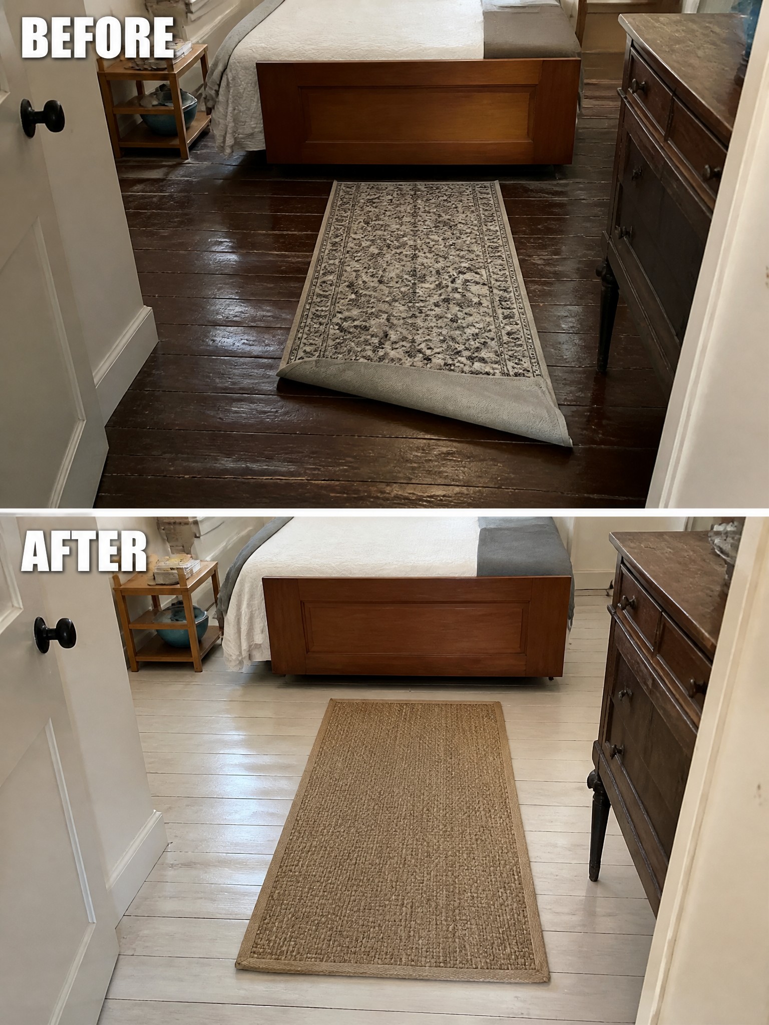 Before and after of a bedroom rug, grey patterned replaced with a beige woven rug.