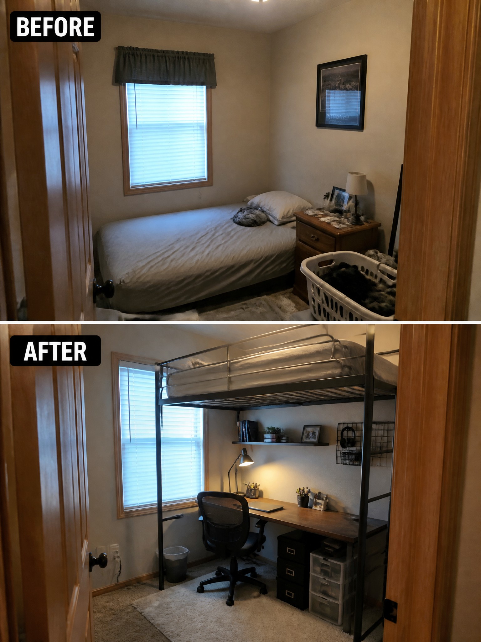 Side-by-side comparison: a small bedroom transformed with a loft bed and desk setup.