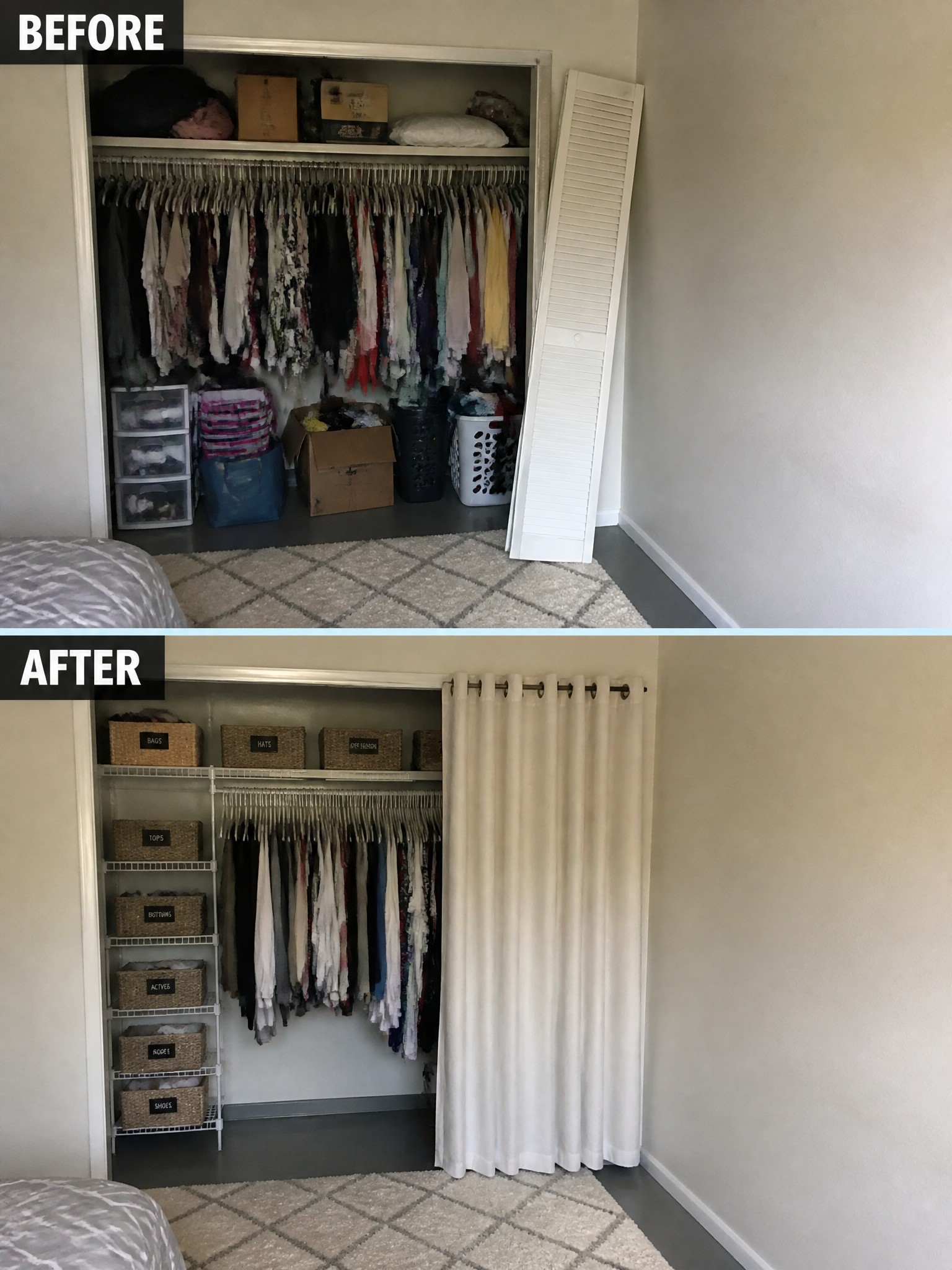 Before-and-after closet transformation showcasing organized clothes and storage baskets behind curtains.