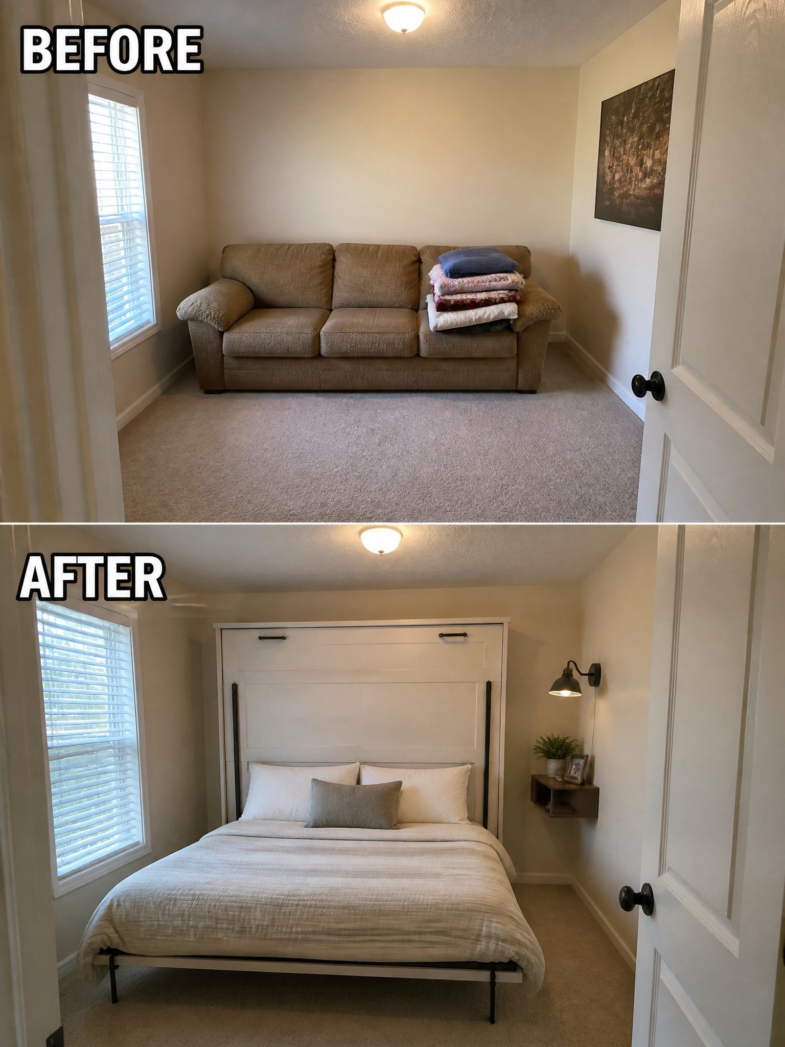 Before-and-after image of a spare room with a couch transformed into a bedroom using a Murphy bed.