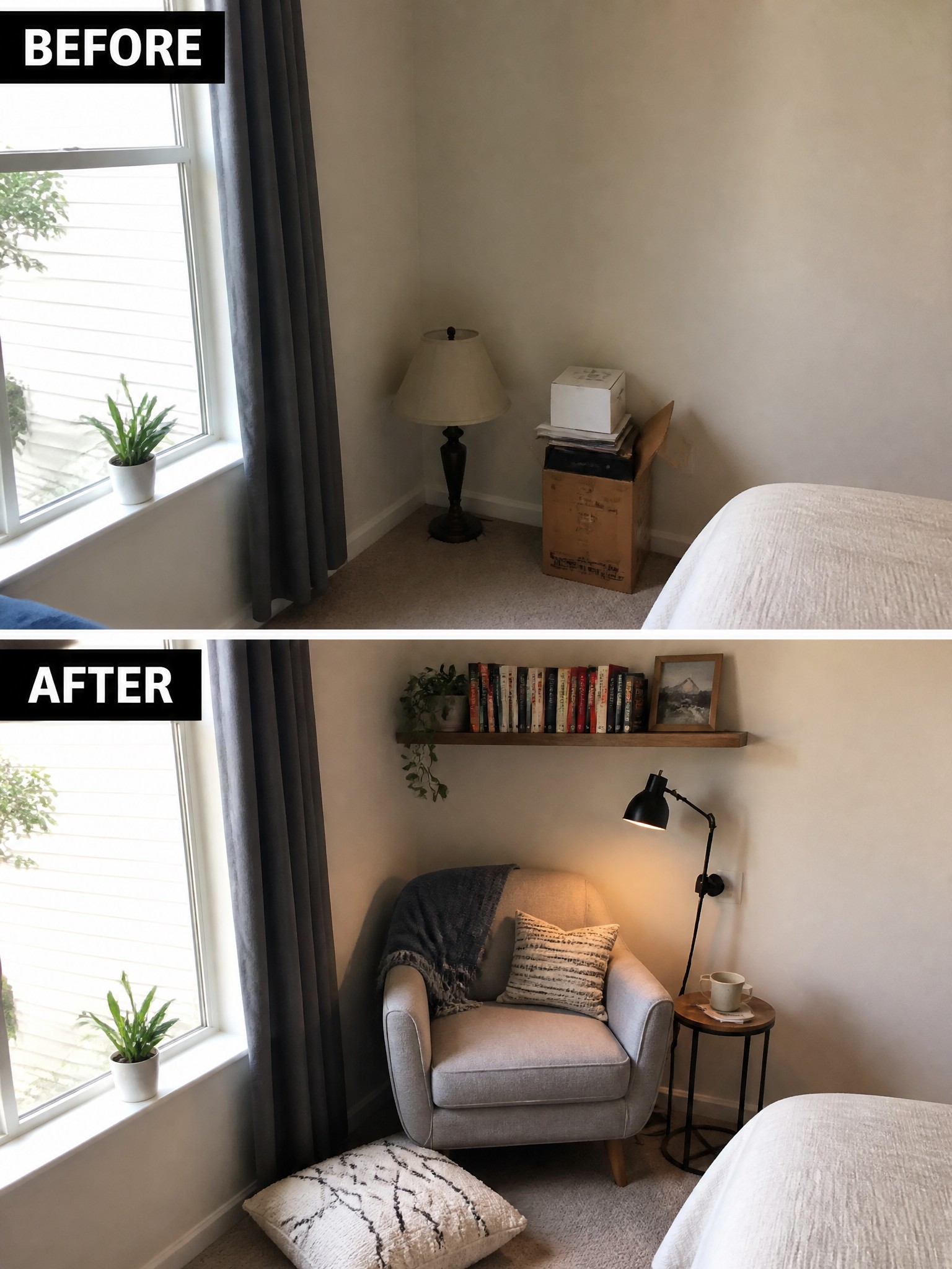 Before and after transformation of a cozy bedroom corner with a chair and bookshelf.