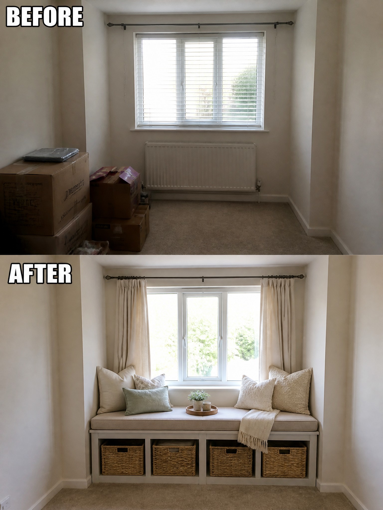 Before and after transformation of a room with storage boxes and a cozy window seat.