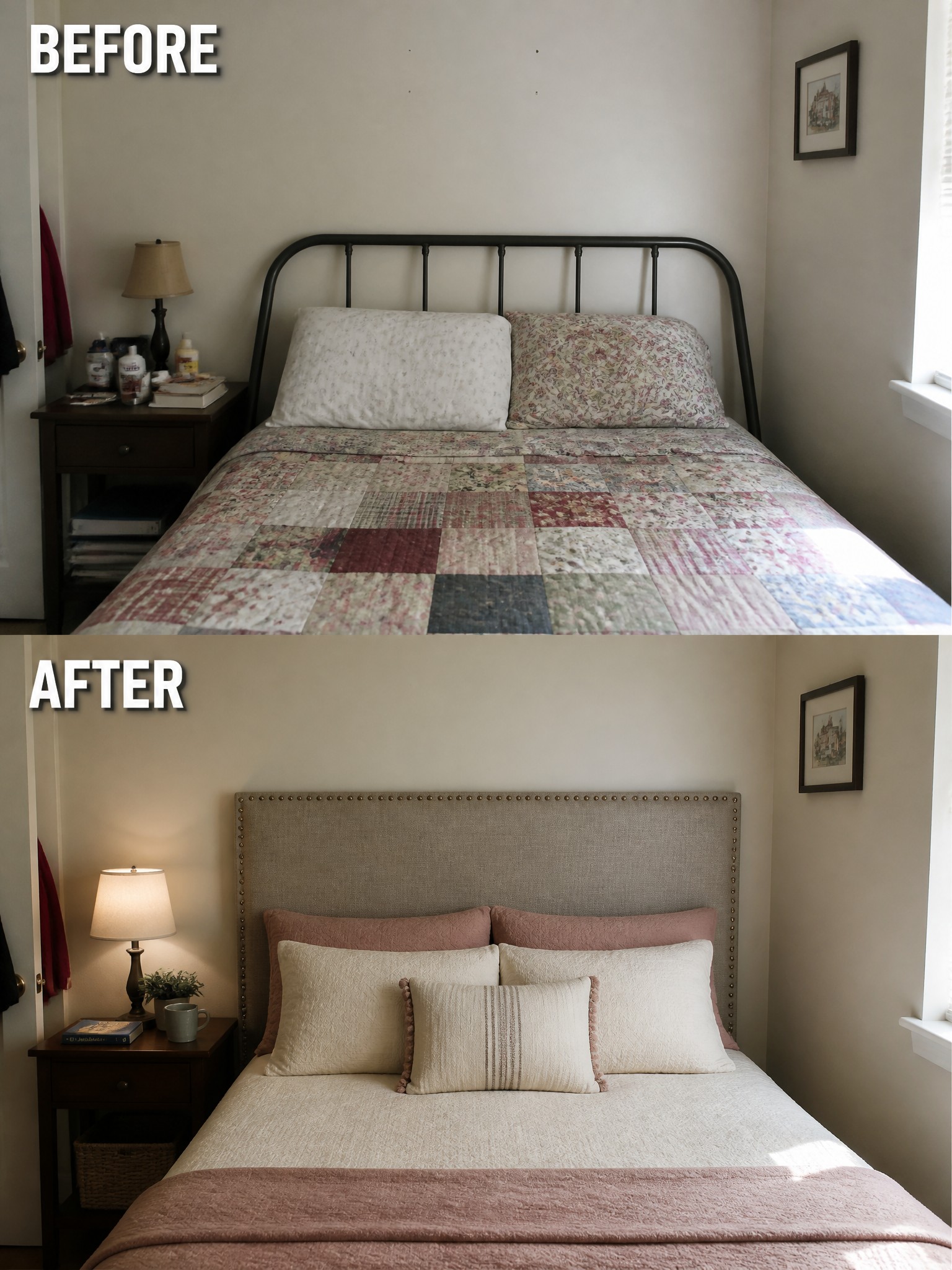 Before-and-after image of a small bedroom showing a basic metal bed frame and patchwork quilt changed to an upholstered headboard with coordinated neutral and pink bedding.