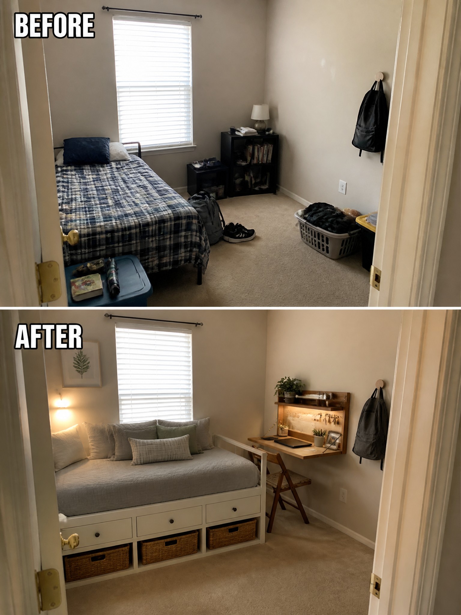 Before-and-after image of a small bedroom transformed with a storage daybed, wall-mounted desk, and improved organization.