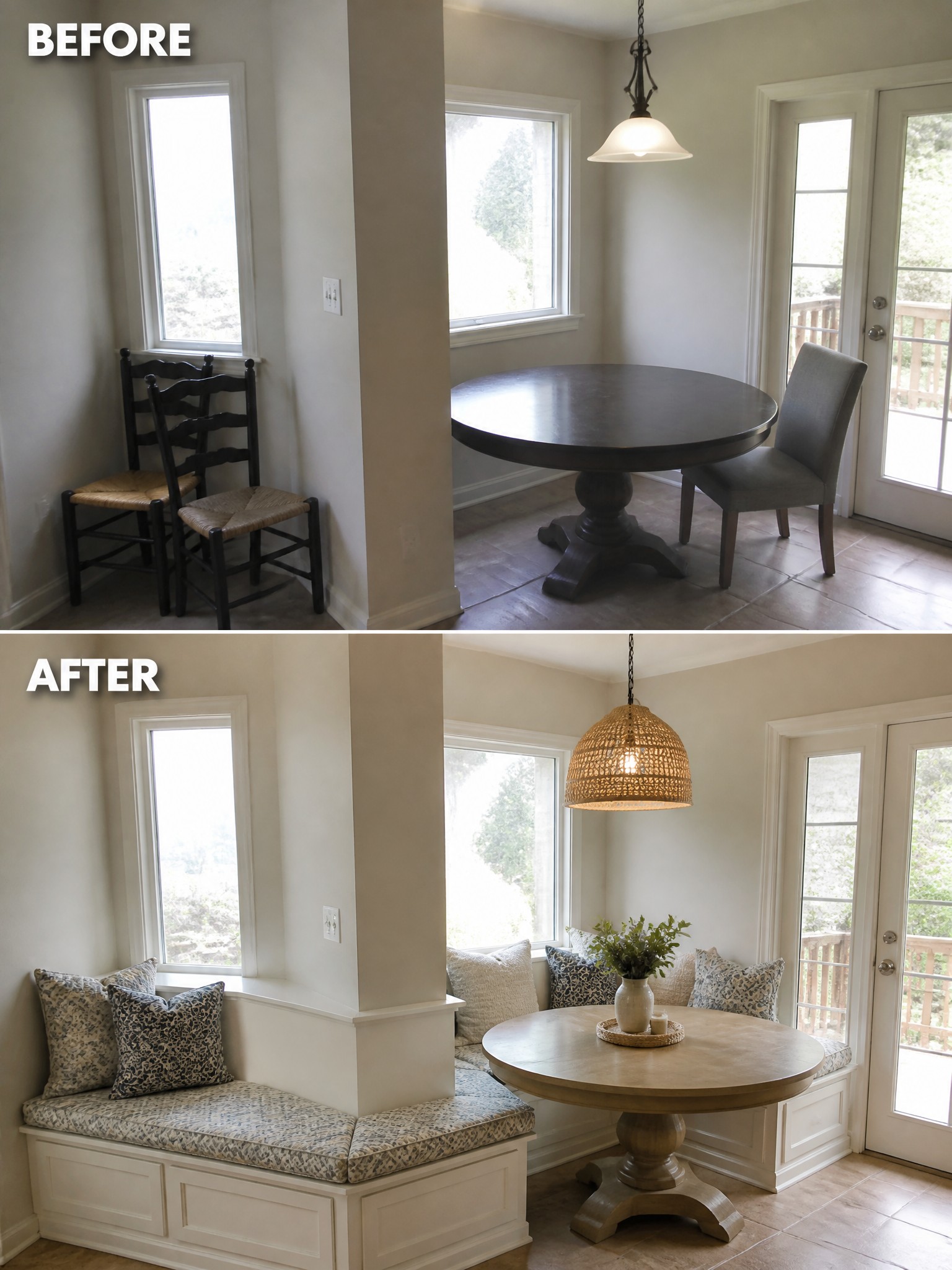 Before-and-after image of a dining area updated with built-in bench seating along the walls.