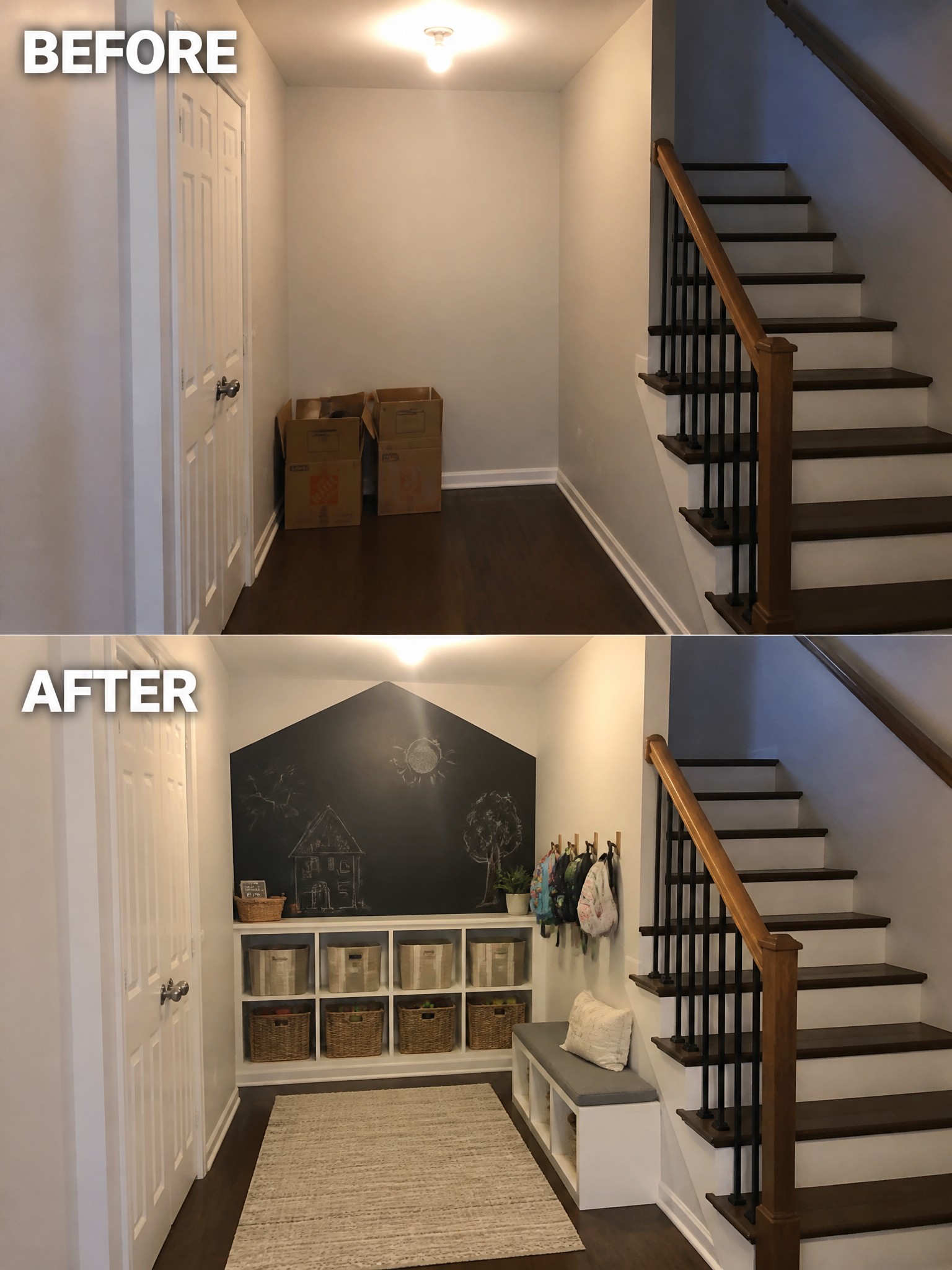 Entryway transformation featuring storage baskets, a chalkboard wall, and a cozy bench.