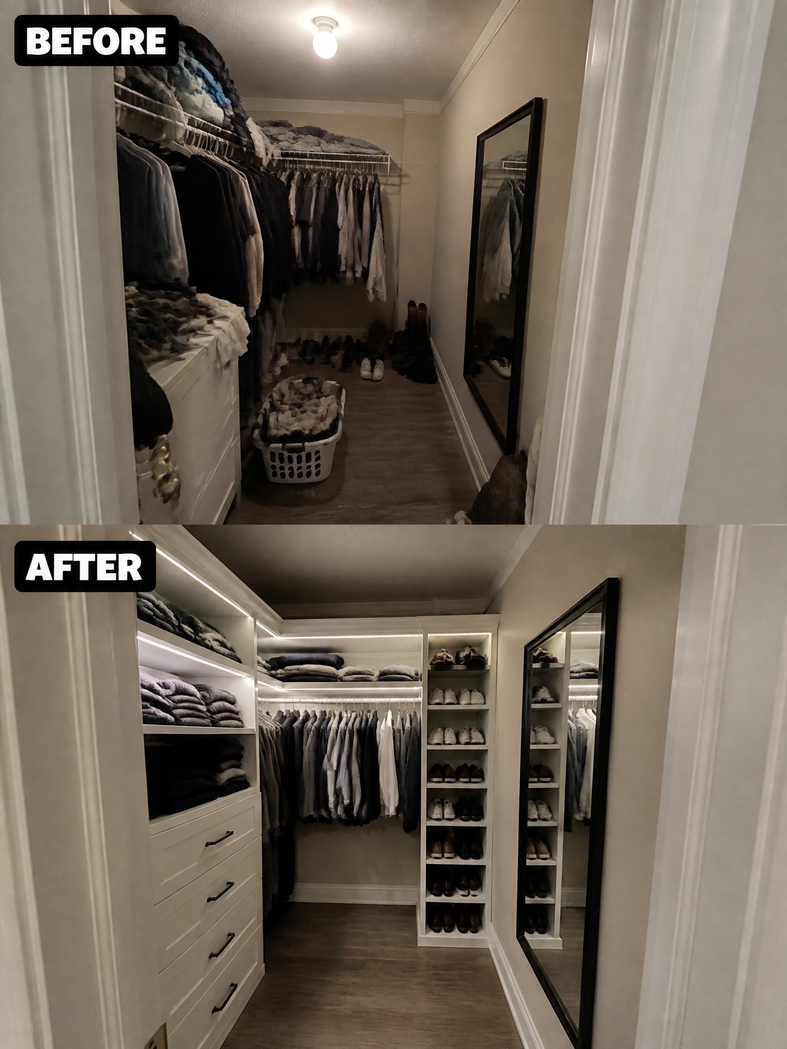Closet transformation: before shows cluttered shelves; after reveals organized clothes, shoes, and storage.