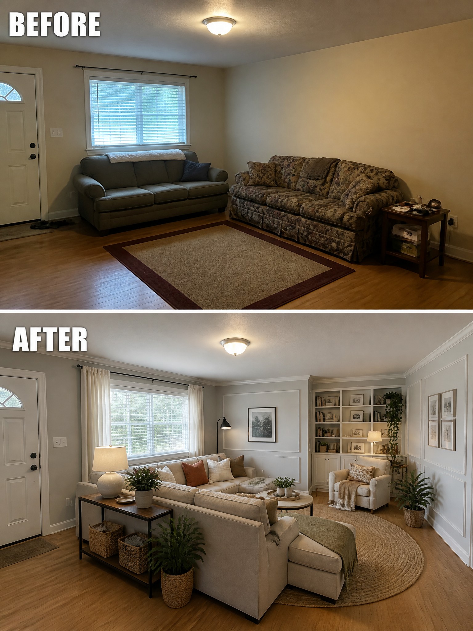 Before-and-after image of a living room updated with built-in bookshelves, a sectional sofa, curtains, and layered lighting.