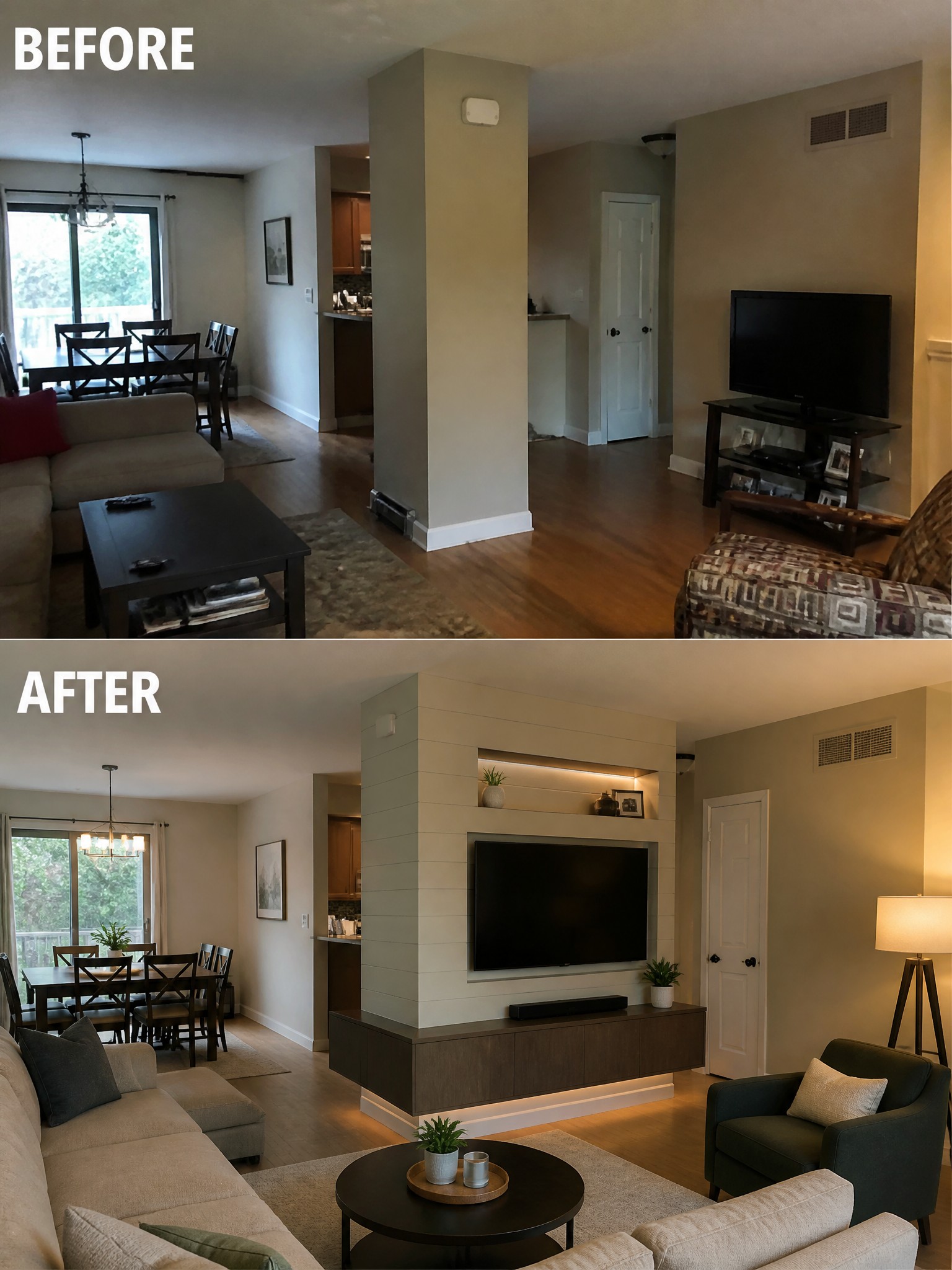 Living room transformation: before with beige walls, after featuring modern decor and dark wood accents.