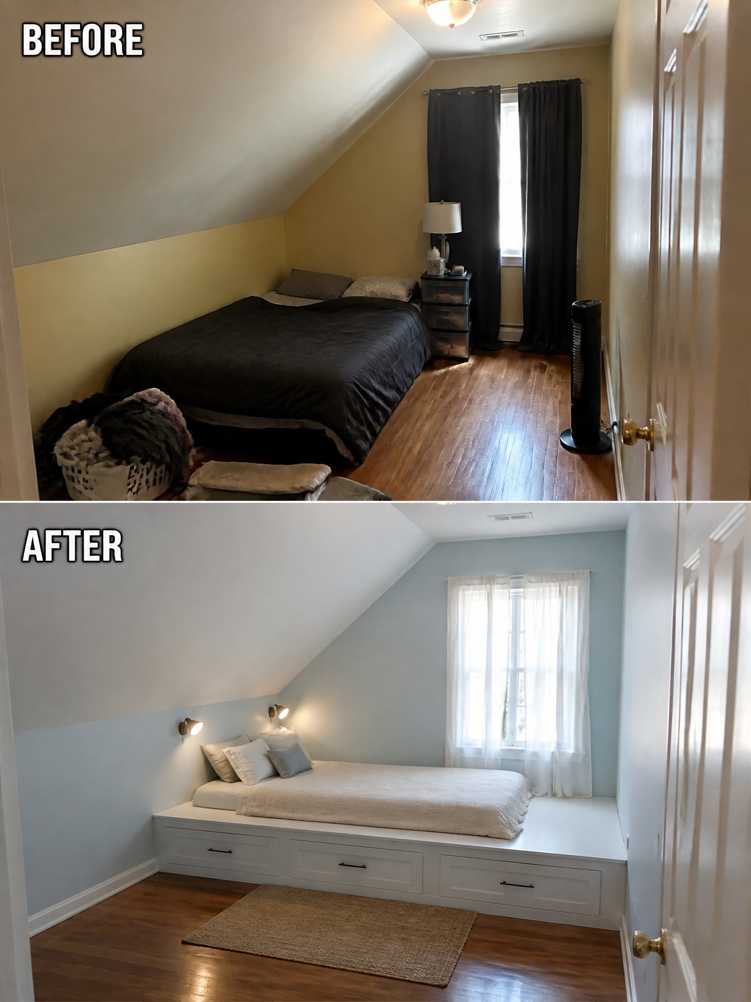 Before-and-after image of an attic bedroom changed from a cluttered standard bed setup to a clean white built-in platform bed with storage drawers and light blue walls.