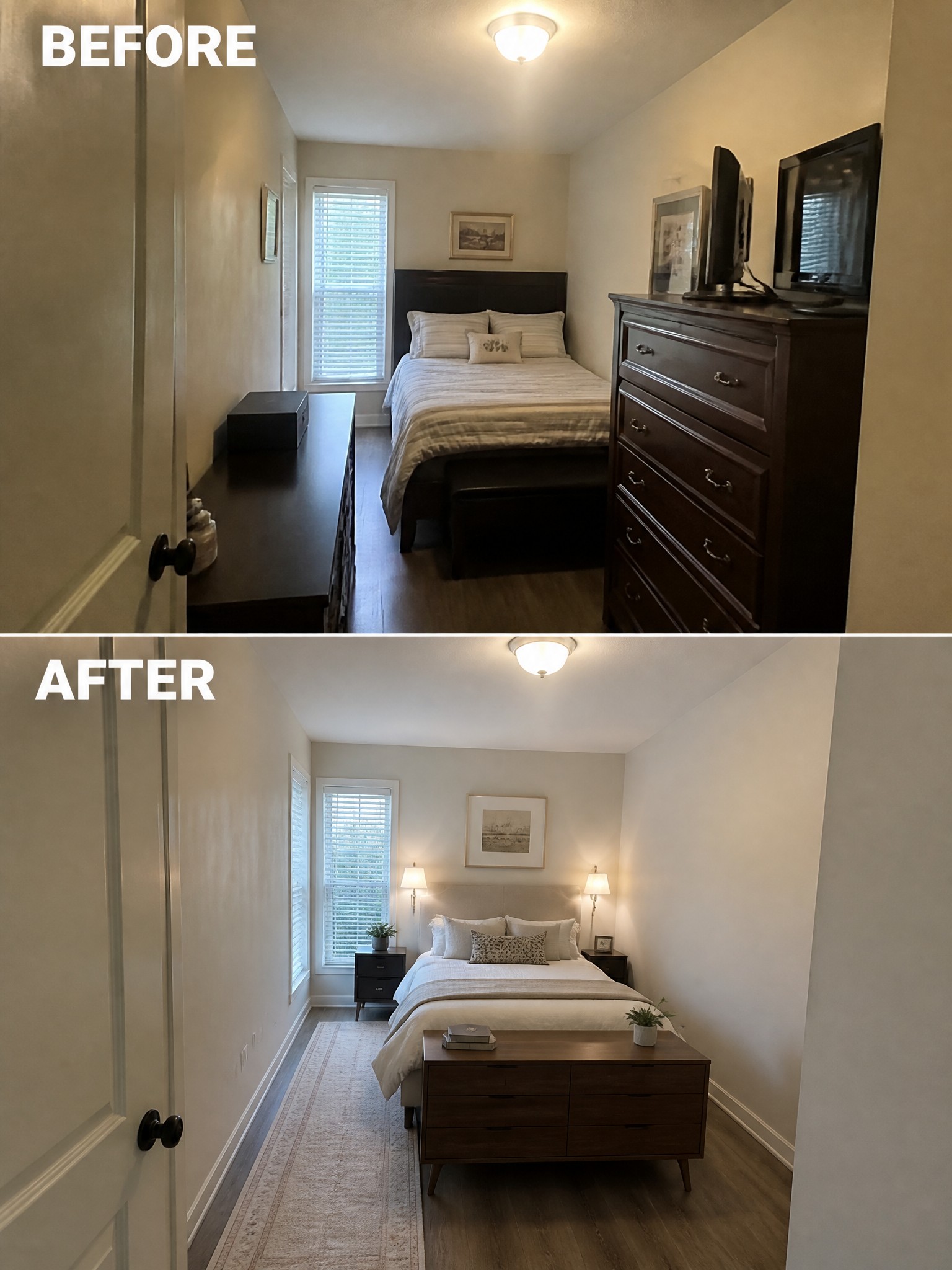 Before-and-after transformation of a bedroom, featuring different decor, bedding, and furniture arrangements.