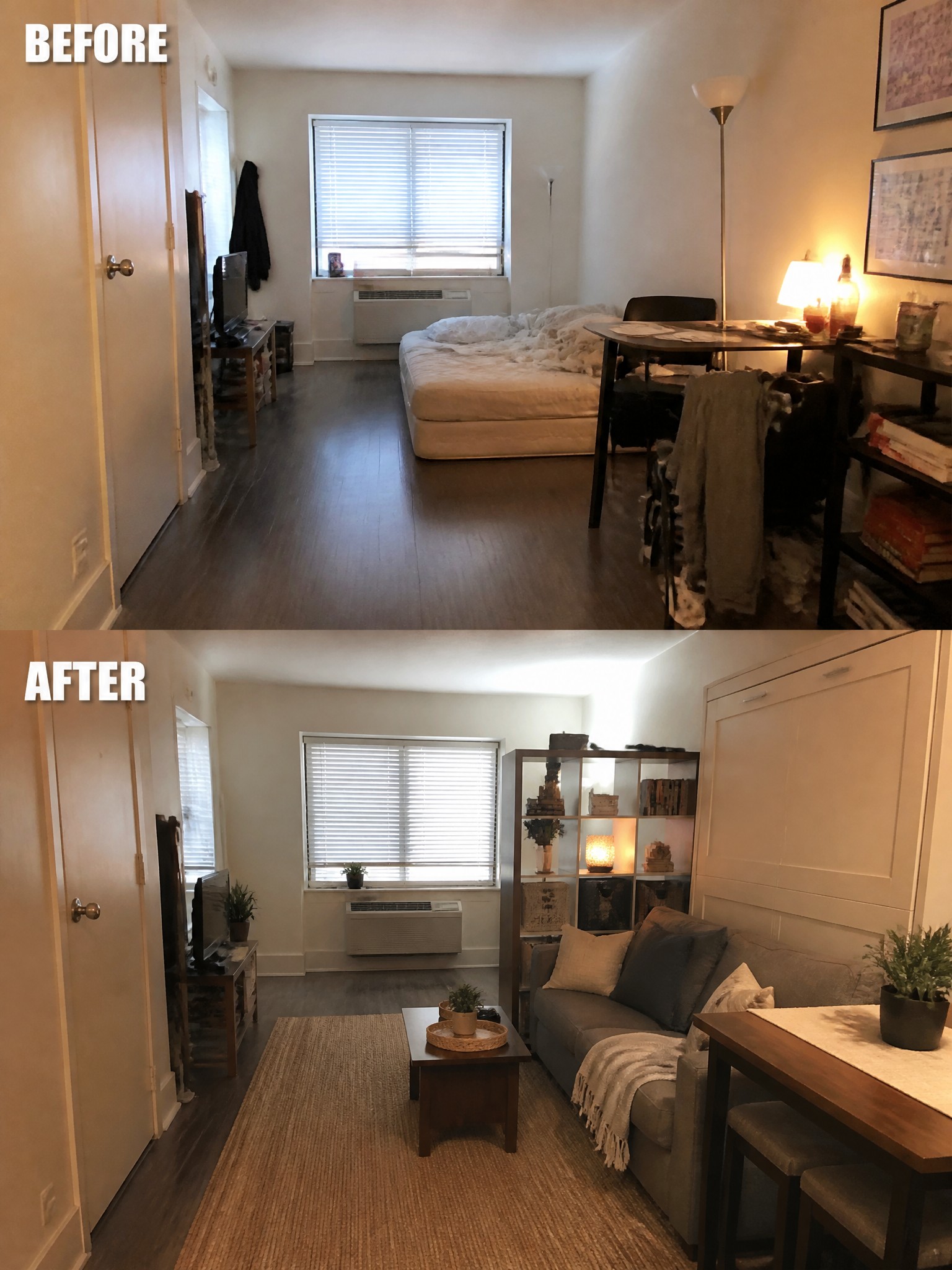 Before and after images of a small living space, showcasing a minimalist design transformation.