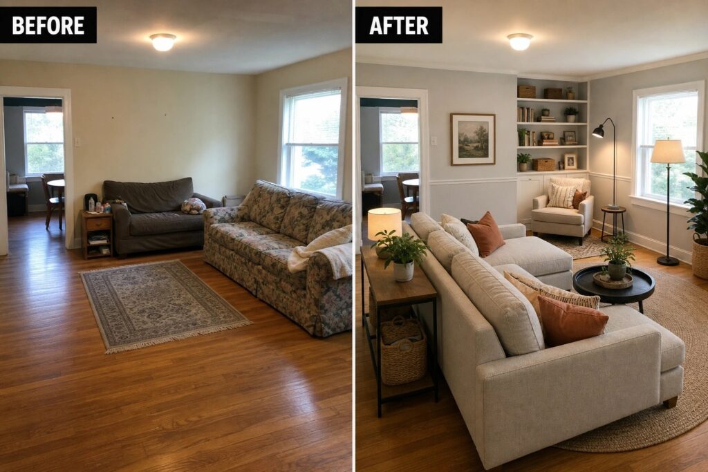 22 Smart Home Makeover Ideas for Boring Rooms With Awkward Layouts Before-and-after image of a living room updated with built-in bookshelves, a sectional sofa, curtains, and layered lighting.