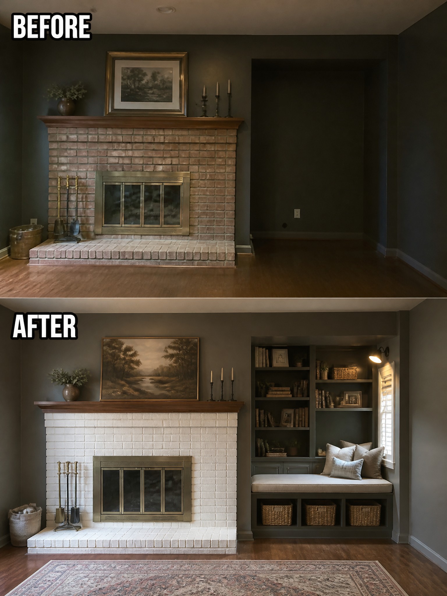 Before and after of a living room fireplace renovation, featuring white brick and built-in shelves.