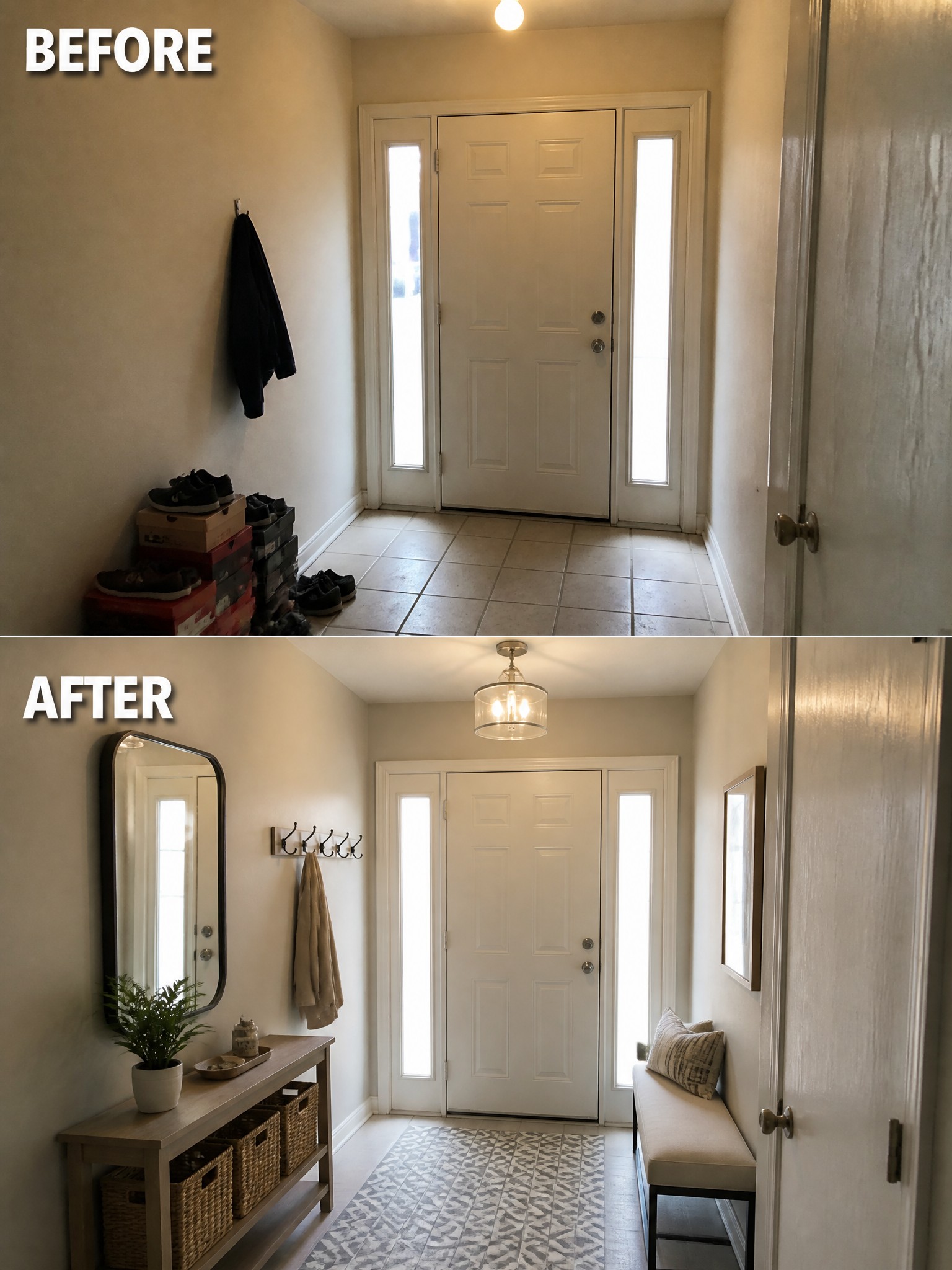 Entrance hallway transformation showing shoes, a bench, mirror, and decorative rug.