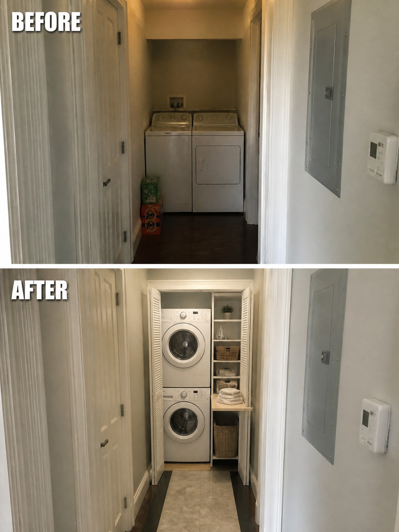 Laundry area transformation: before with exposed machines; after with enclosed, modern washer/dryer setup.