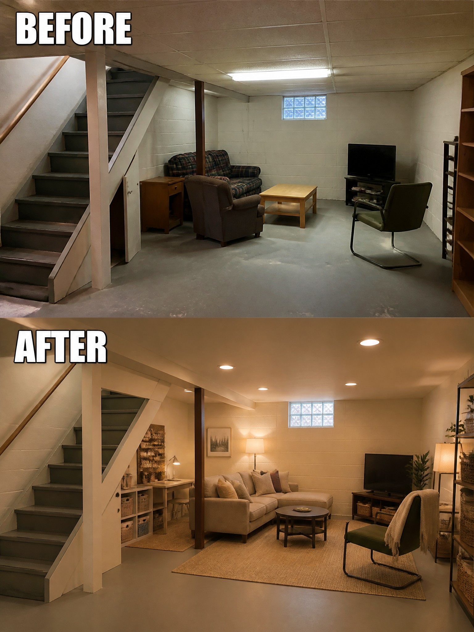 Two basement images side by side: cluttered before with furniture, transformed after into a cozy space.