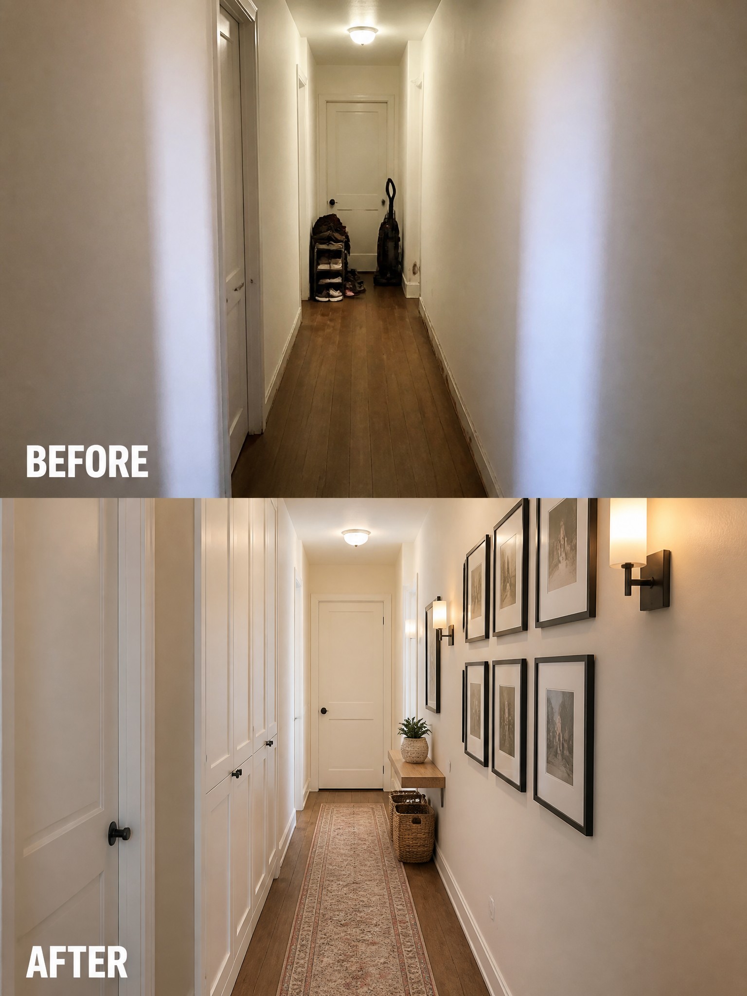 Before-and-after hallway transformation with minimalist decor, wall art, and wooden flooring.