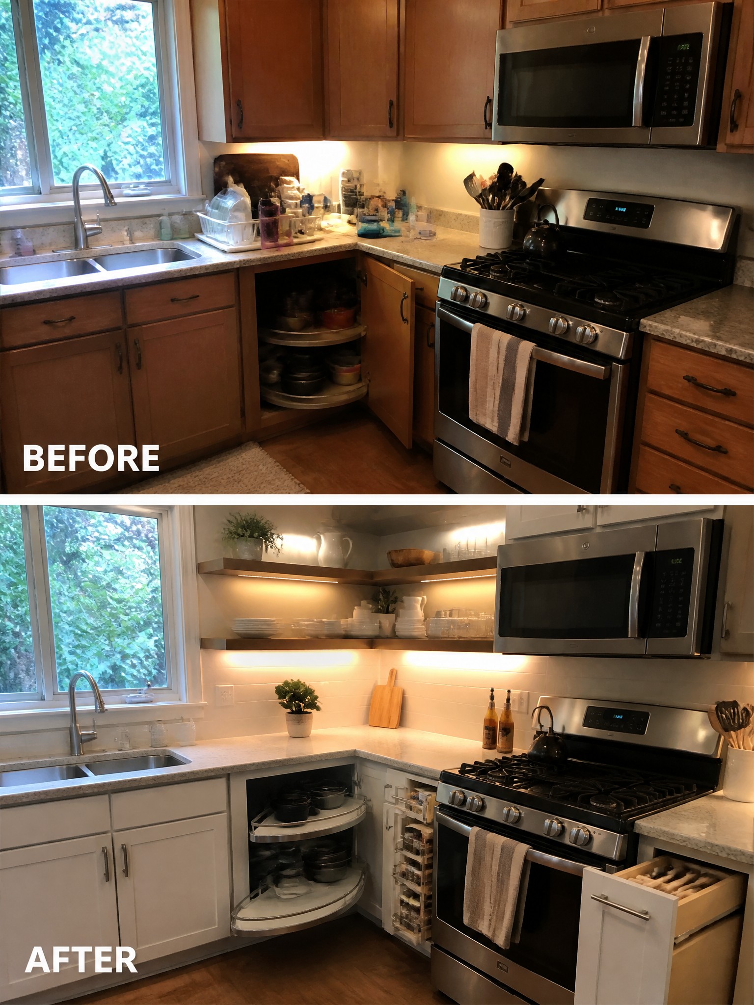 Side-by-side kitchen makeover: before with wood cabinets, cluttered, and after with modern white cabinetry, bright lighting.