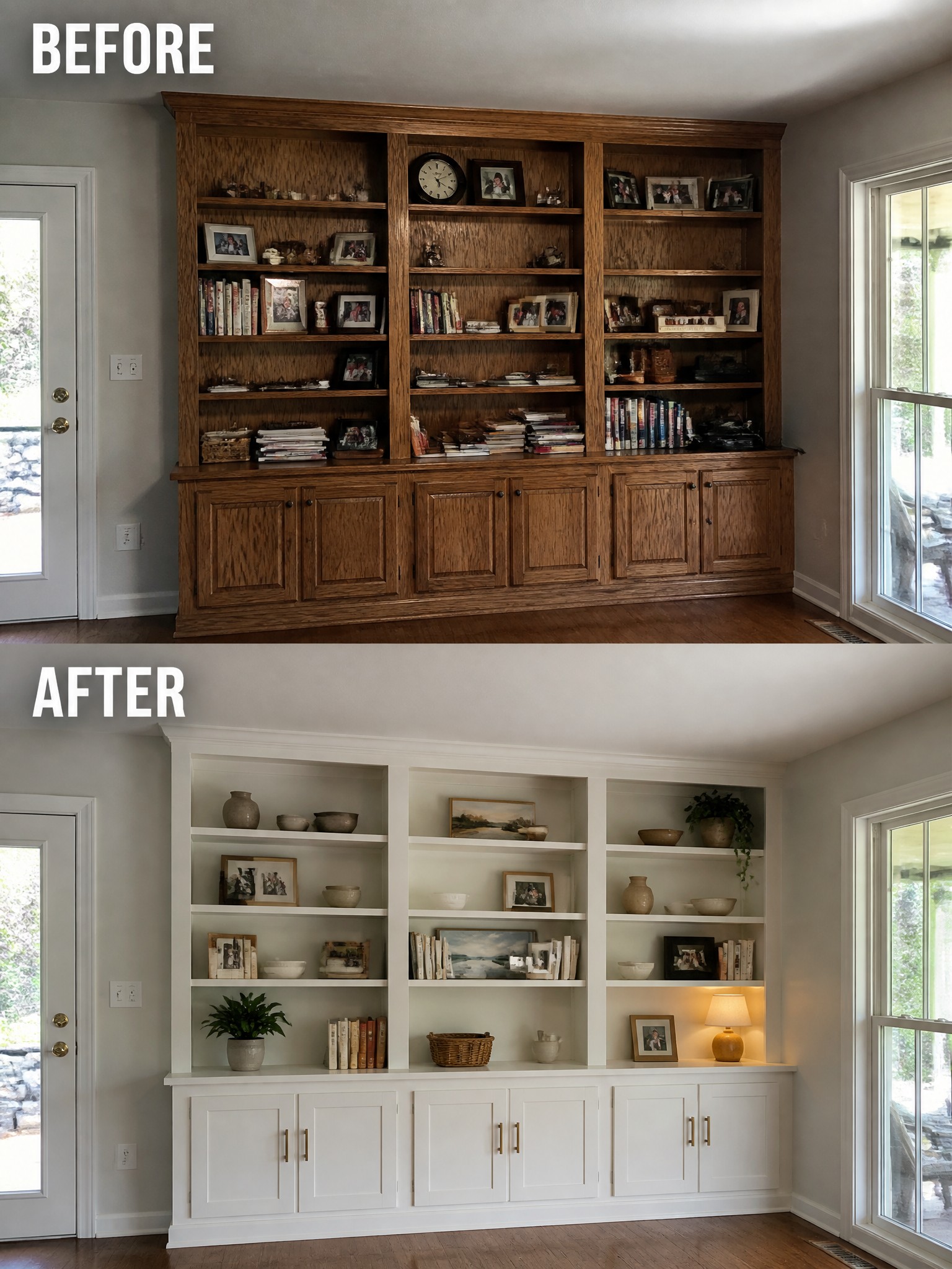Before-and-after renovation of a wooden bookshelf, now sleek white with modern decor.