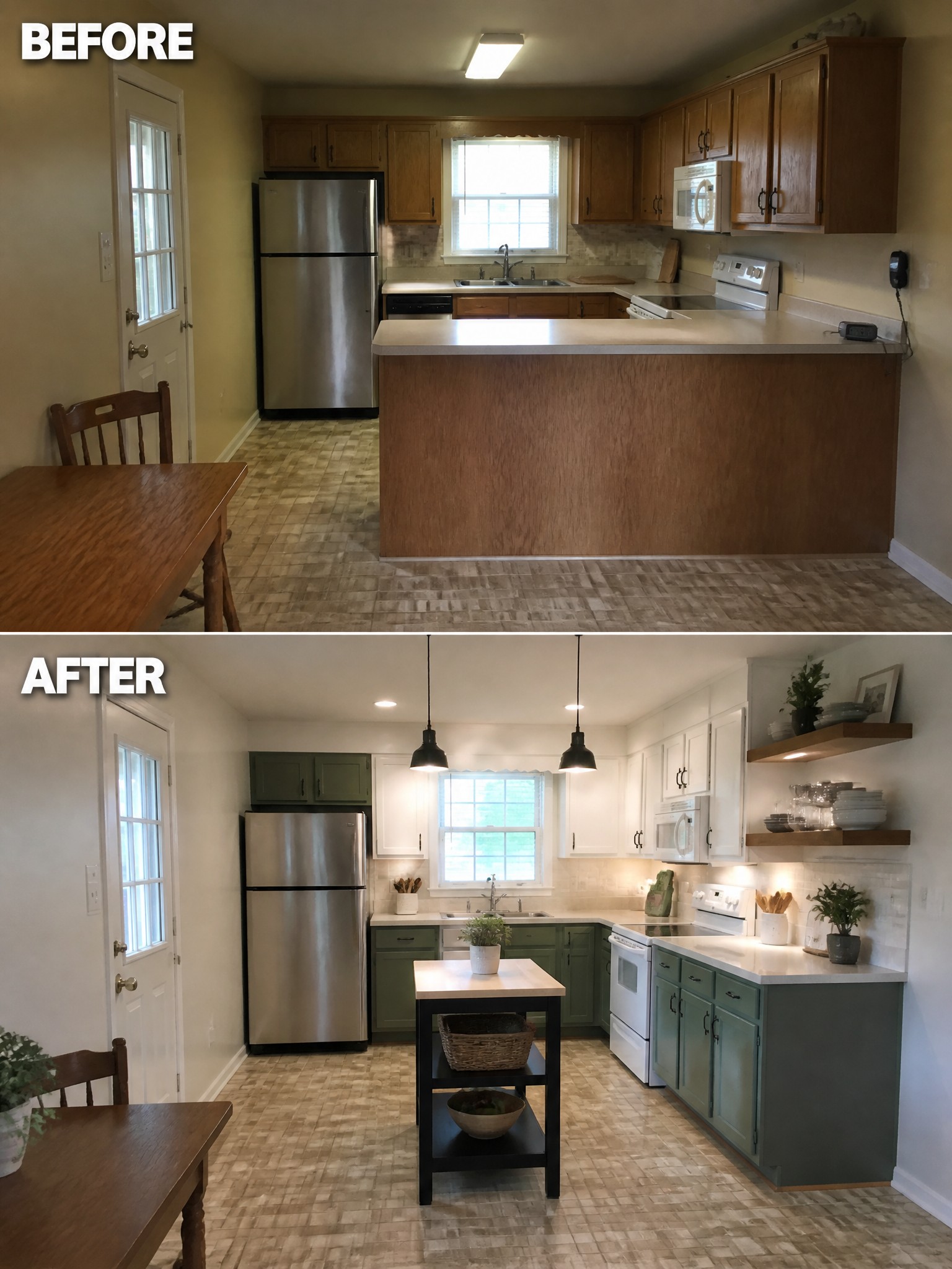 Before and after kitchen transformation featuring new colors, decor, and layout changes.