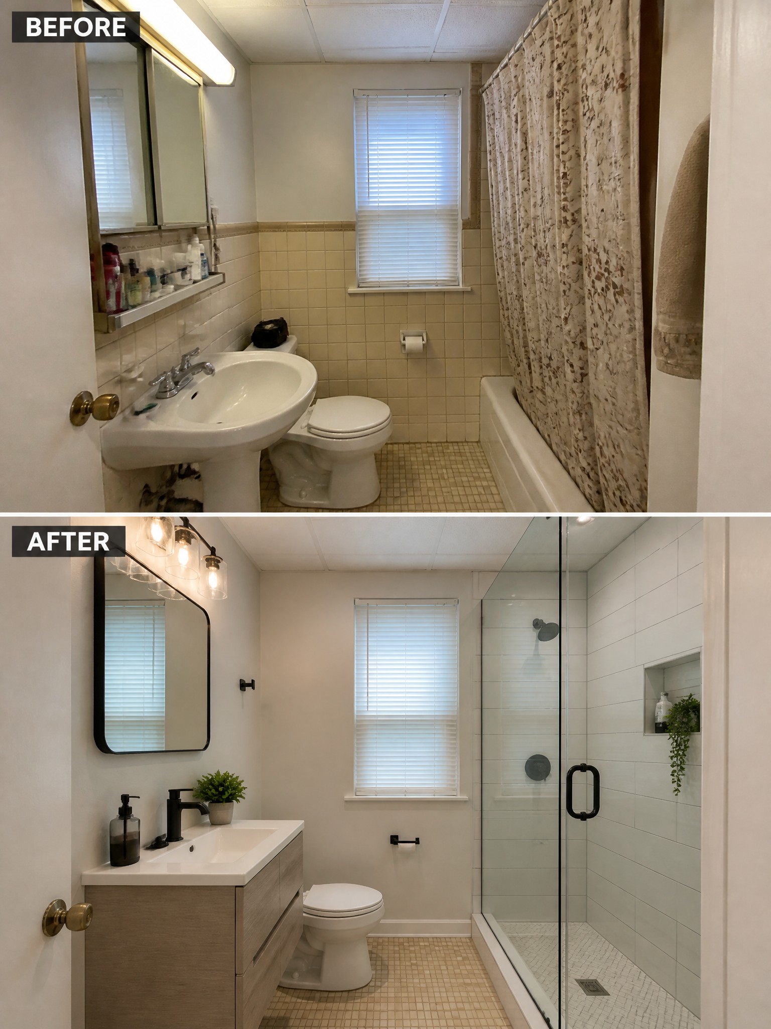 Before-and-after bathroom renovation showing updated modern fixtures, a glass shower, and neutral colors.